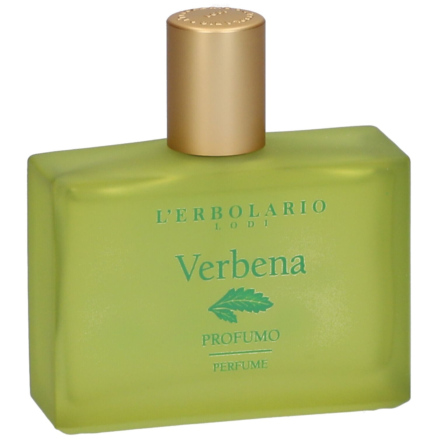 Flacone di profumo verde con tappo dorato. Scritta: Verbena, Profumo, Perfume.