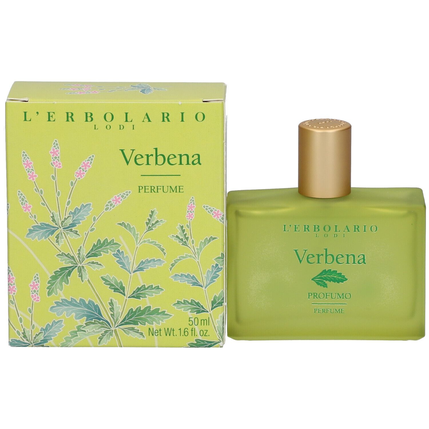Flacone di profumo verde accanto a una scatola. Scritta: Verbena, Perfume. 50ml.