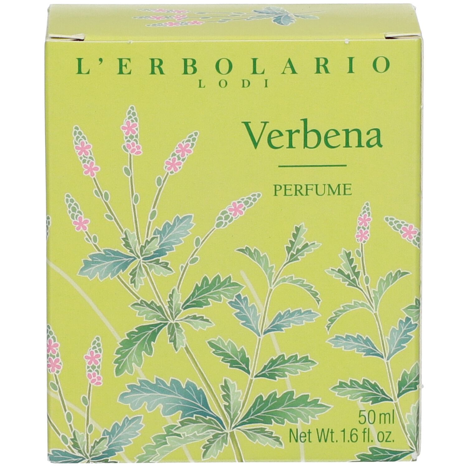 Scatola verde con scritta: Verbena, Perfume. 50ml. Illustrazione di fiori.
