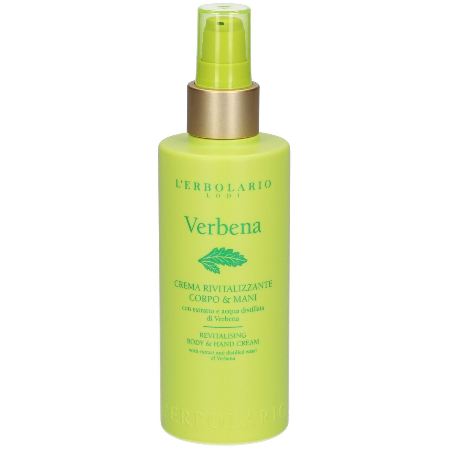Flacone verde con dosatore. Scritta: L'ERBOLARIO, Verbena, crema corpo e mani.