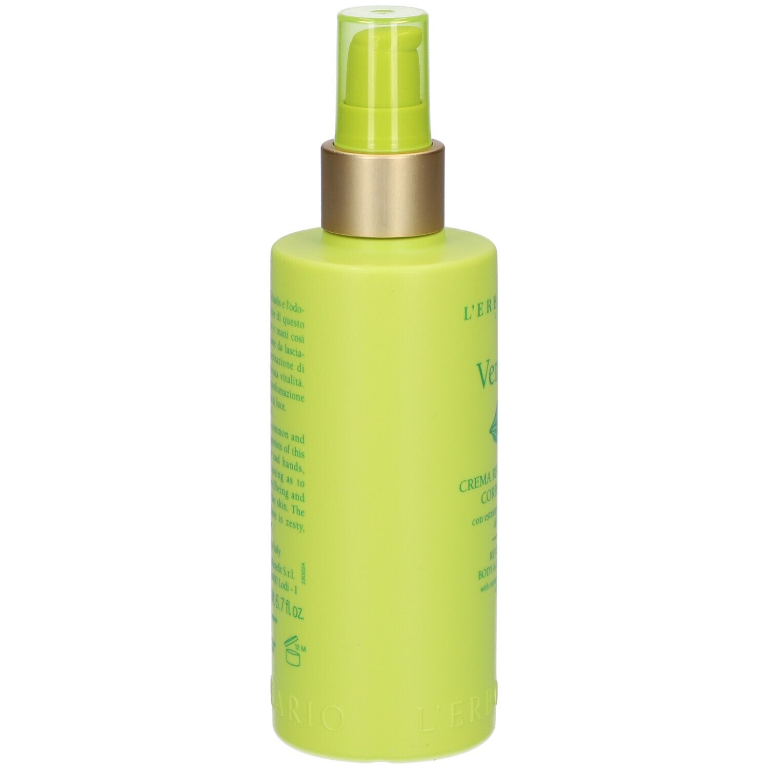 Flacone verde con dosatore. Scritta: L'ERBOLARIO, Verbena, crema corpo e mani.