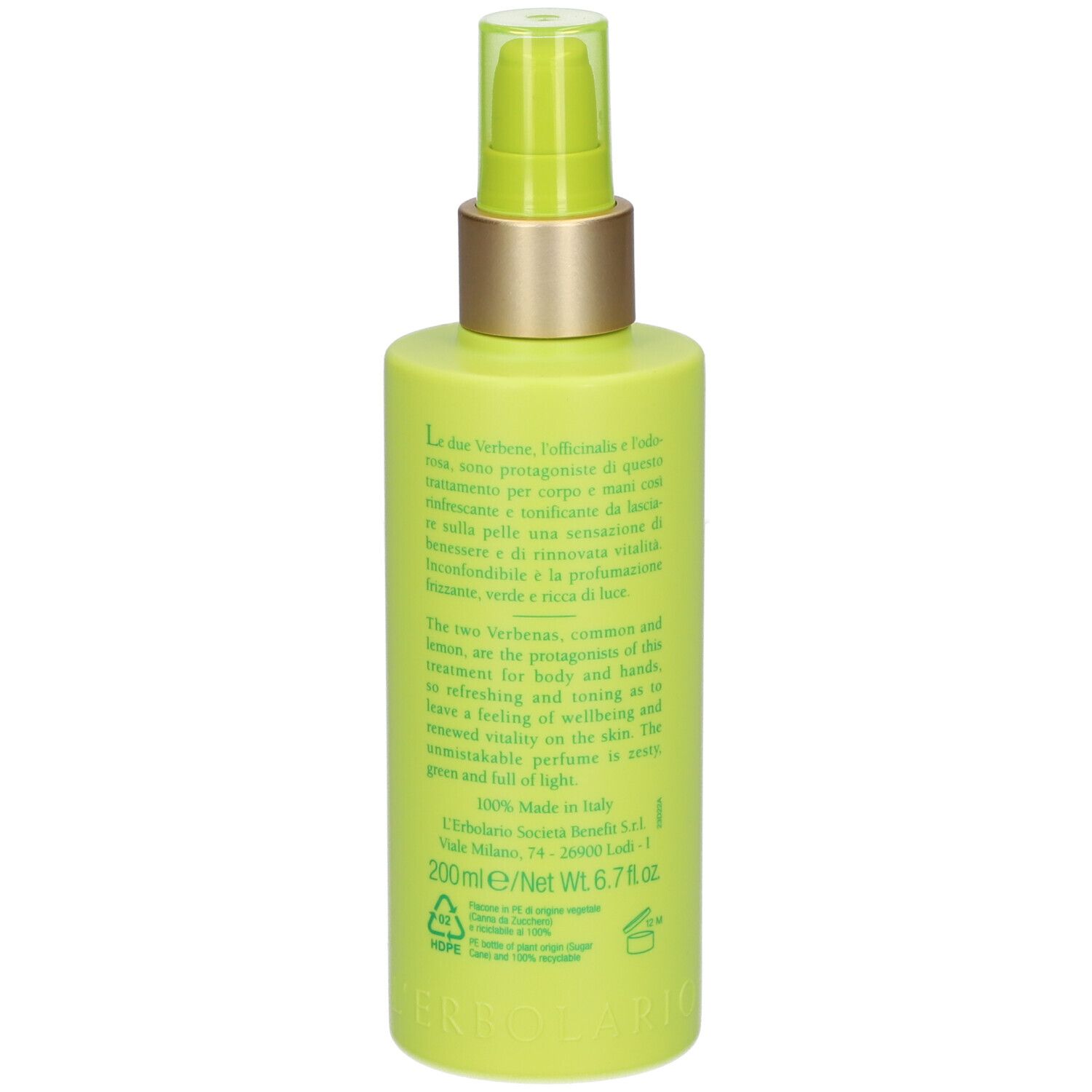 Flacone verde con dosatore. Testo in italiano e inglese. 200ml/6.7 fl.oz.