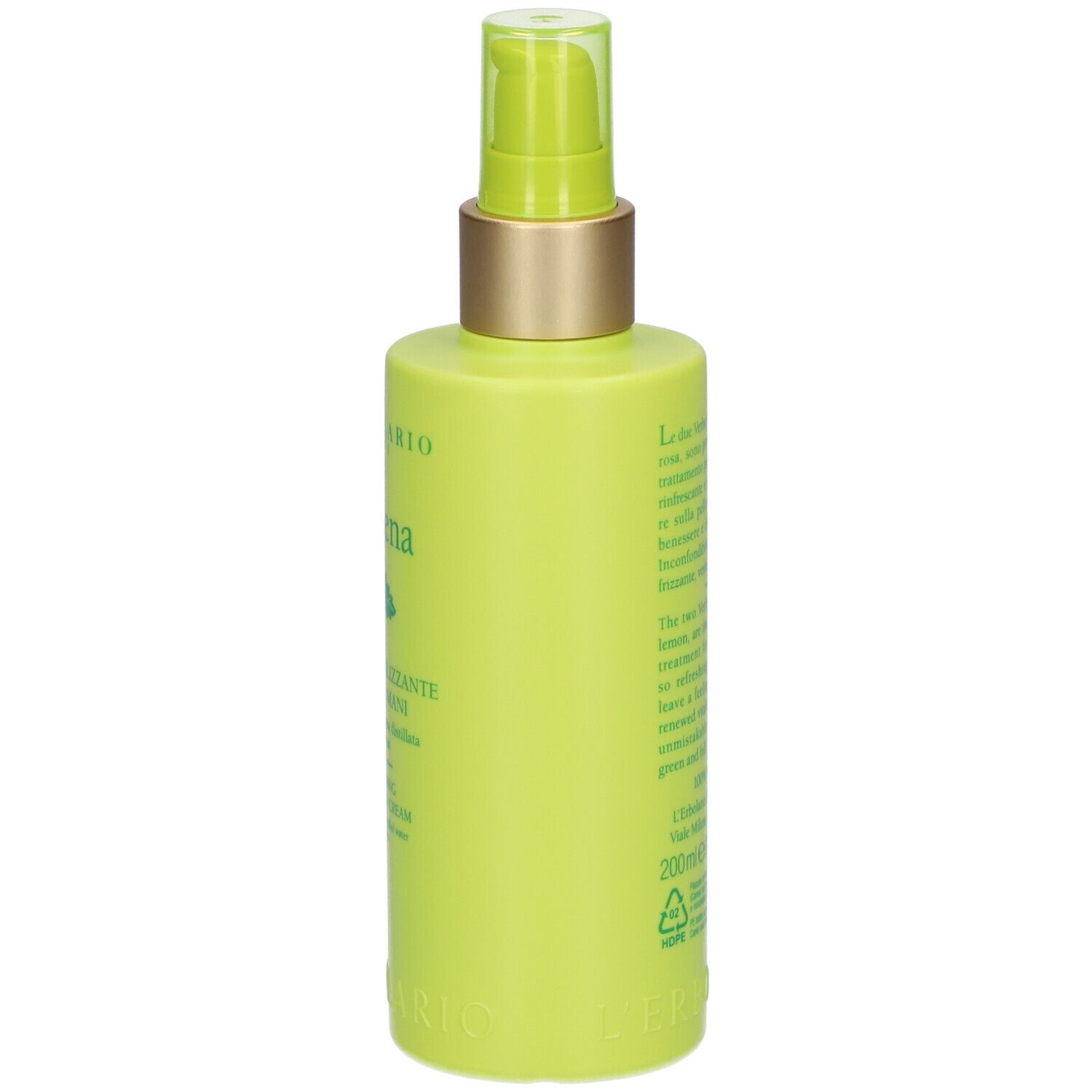 Flacone verde con dosatore. Scritta: L'ERBOLARIO, Verbena, crema corpo e mani.