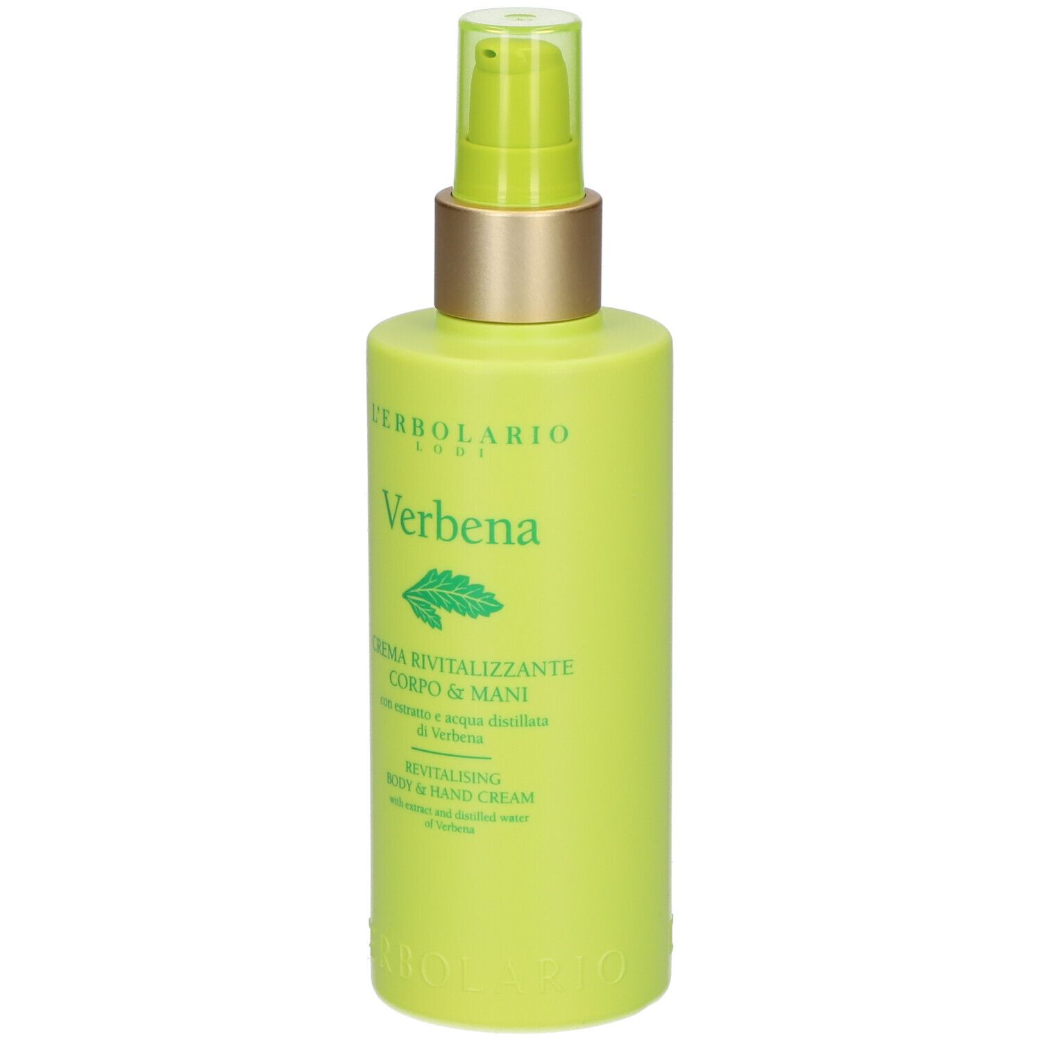 Flacone verde con dosatore. Scritta: L'ERBOLARIO, Verbena, crema corpo e mani.