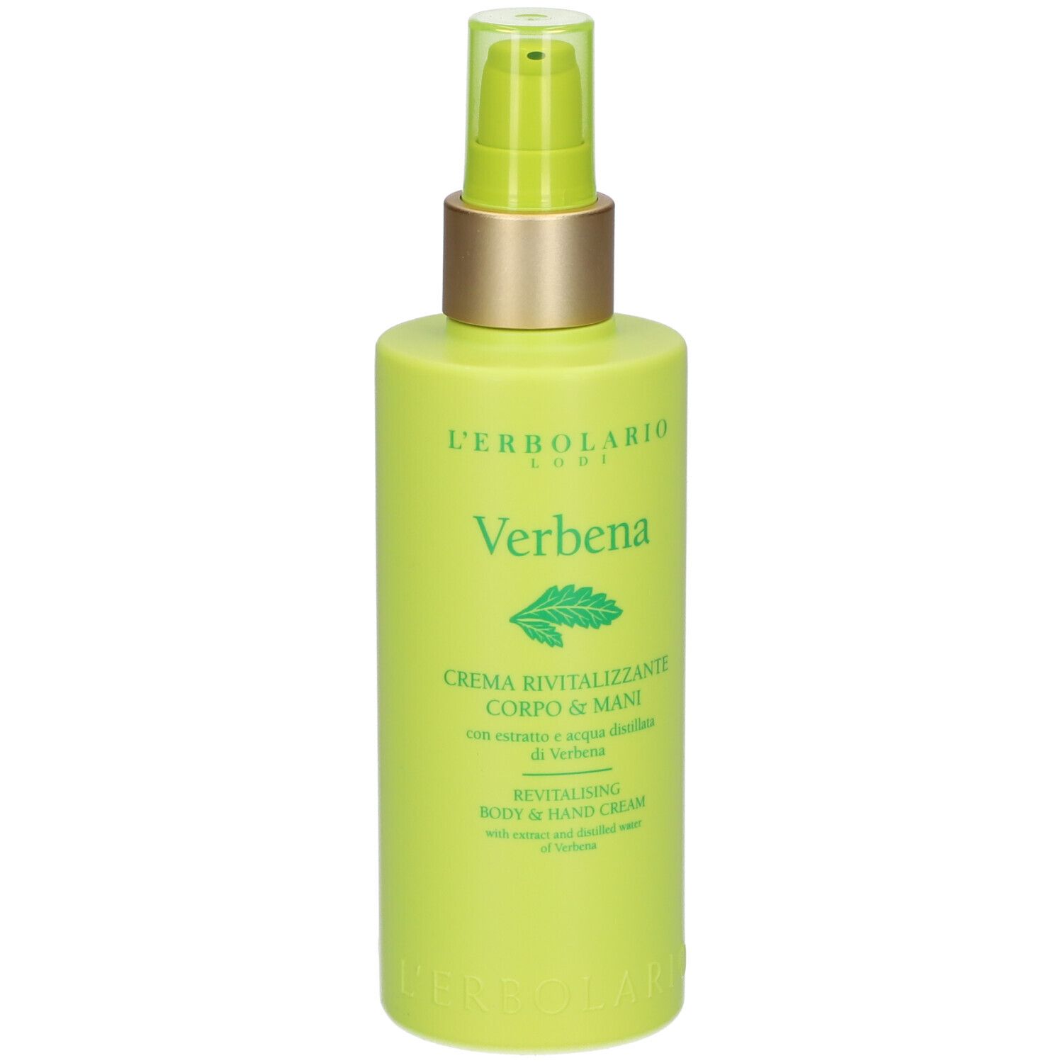Flacone verde con dosatore. Scritta: L'ERBOLARIO, Verbena, crema corpo e mani.