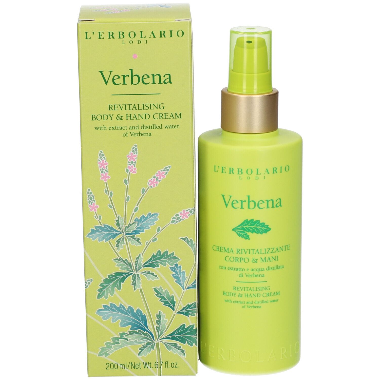 Flacone verde con dosatore e confezione. Scritta: L'ERBOLARIO, Verbena, crema corpo e mani. 200 ml.