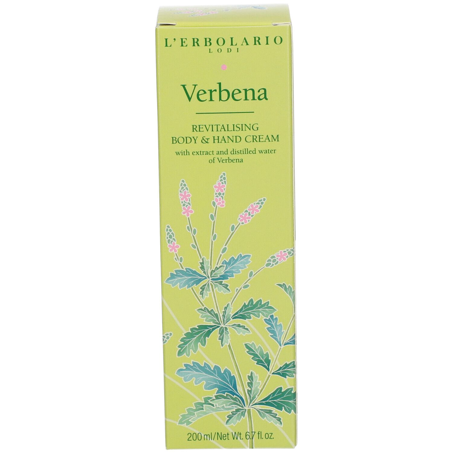 Confezione. Scritta: L'ERBOLARIO, Verbena, crema corpo e mani. 200 ml.