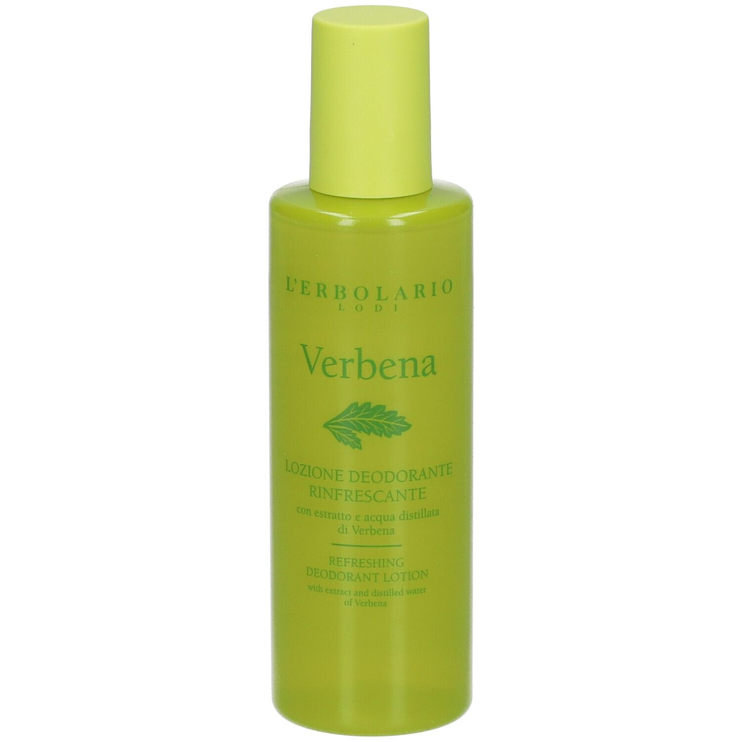 Flacone verde con tappo giallo. Scritta: Verbena, L'Erbolario. Lozione deodorante.