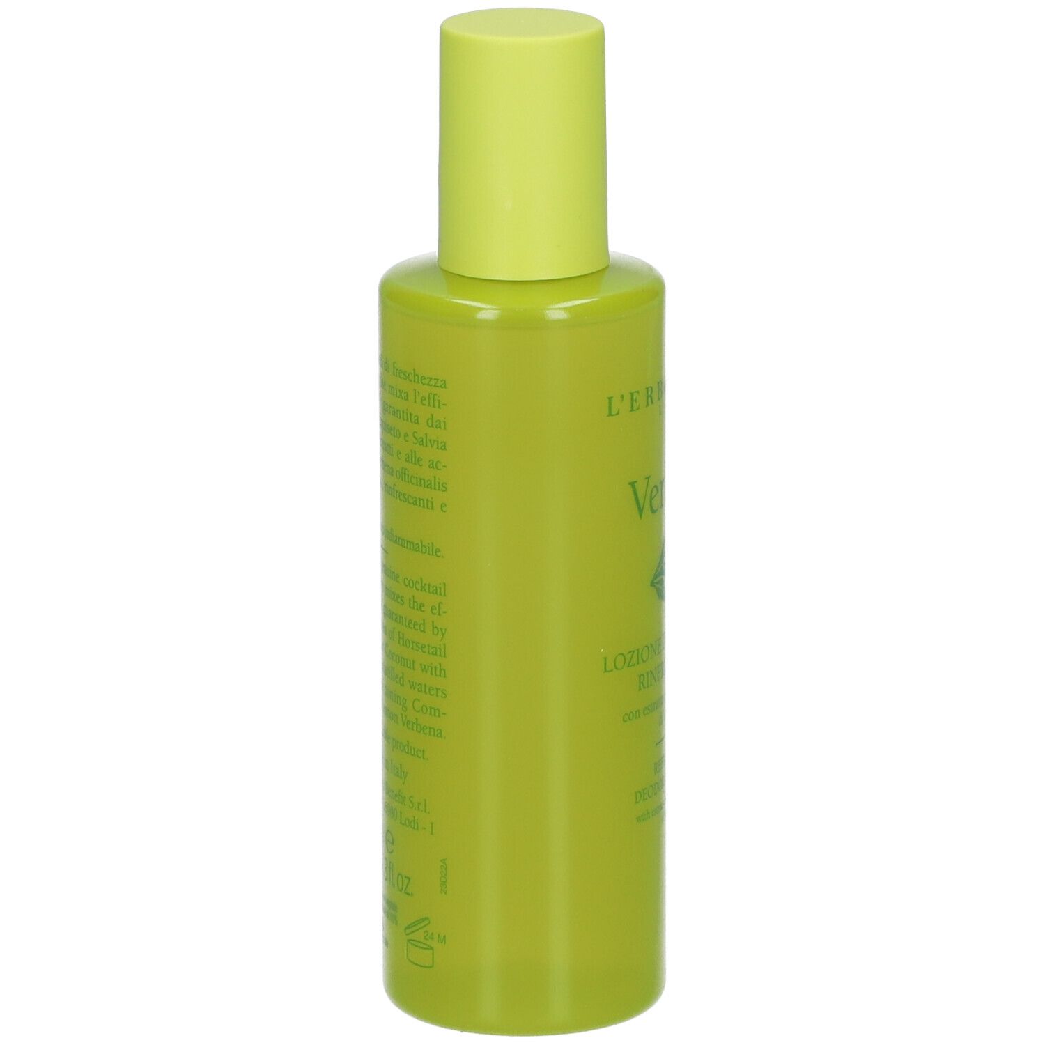 Flacone verde con tappo giallo. Testo sul retro. L'Erbolario Verbena.