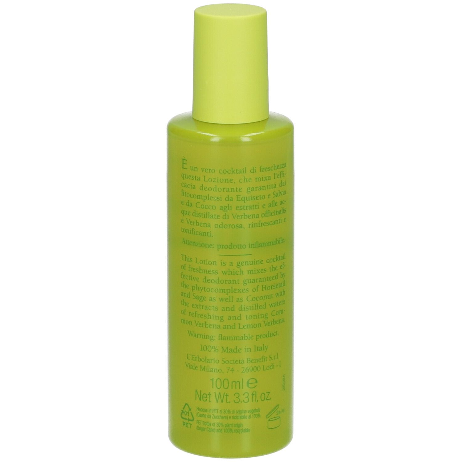 Flacone verde con tappo giallo. Testo sul retro. L'Erbolario Verbena. 100ml.