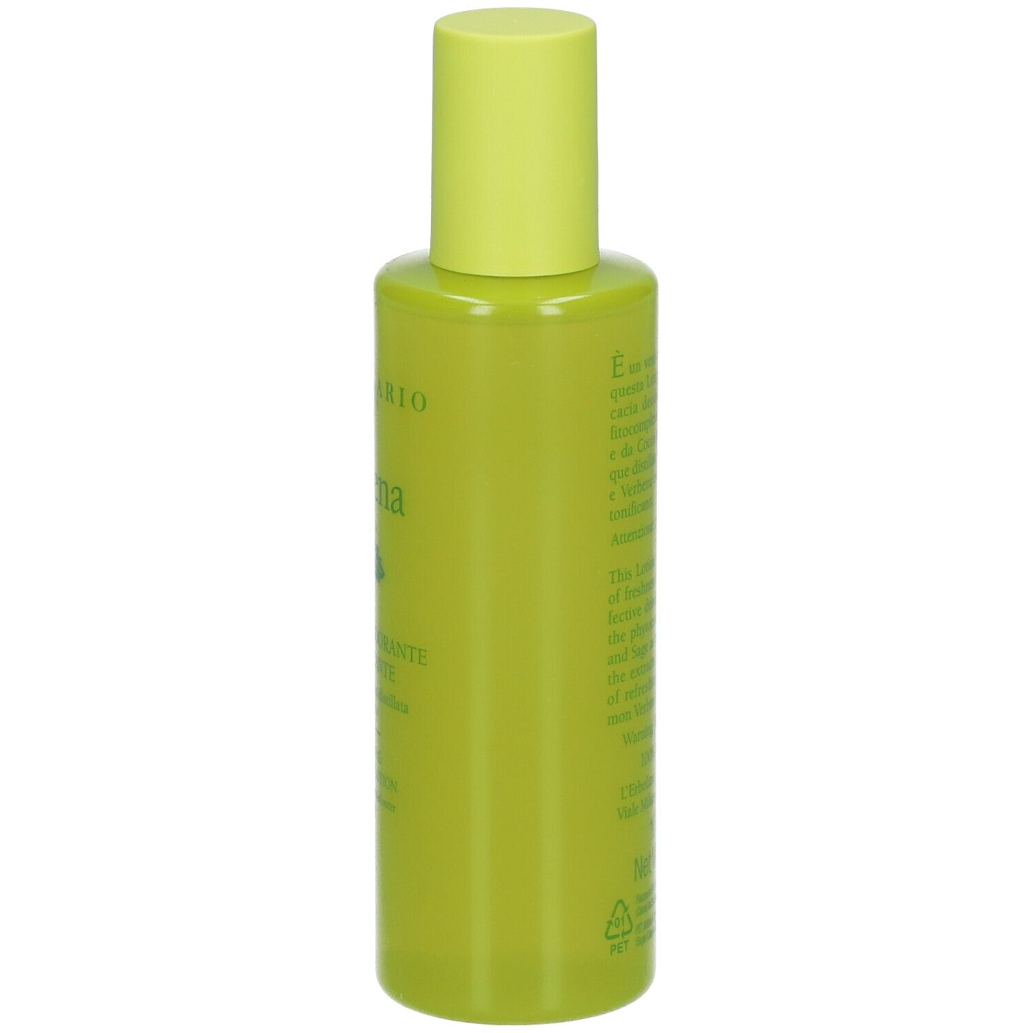 Flacone verde con tappo giallo. Testo sul retro. L'Erbolario Verbena.