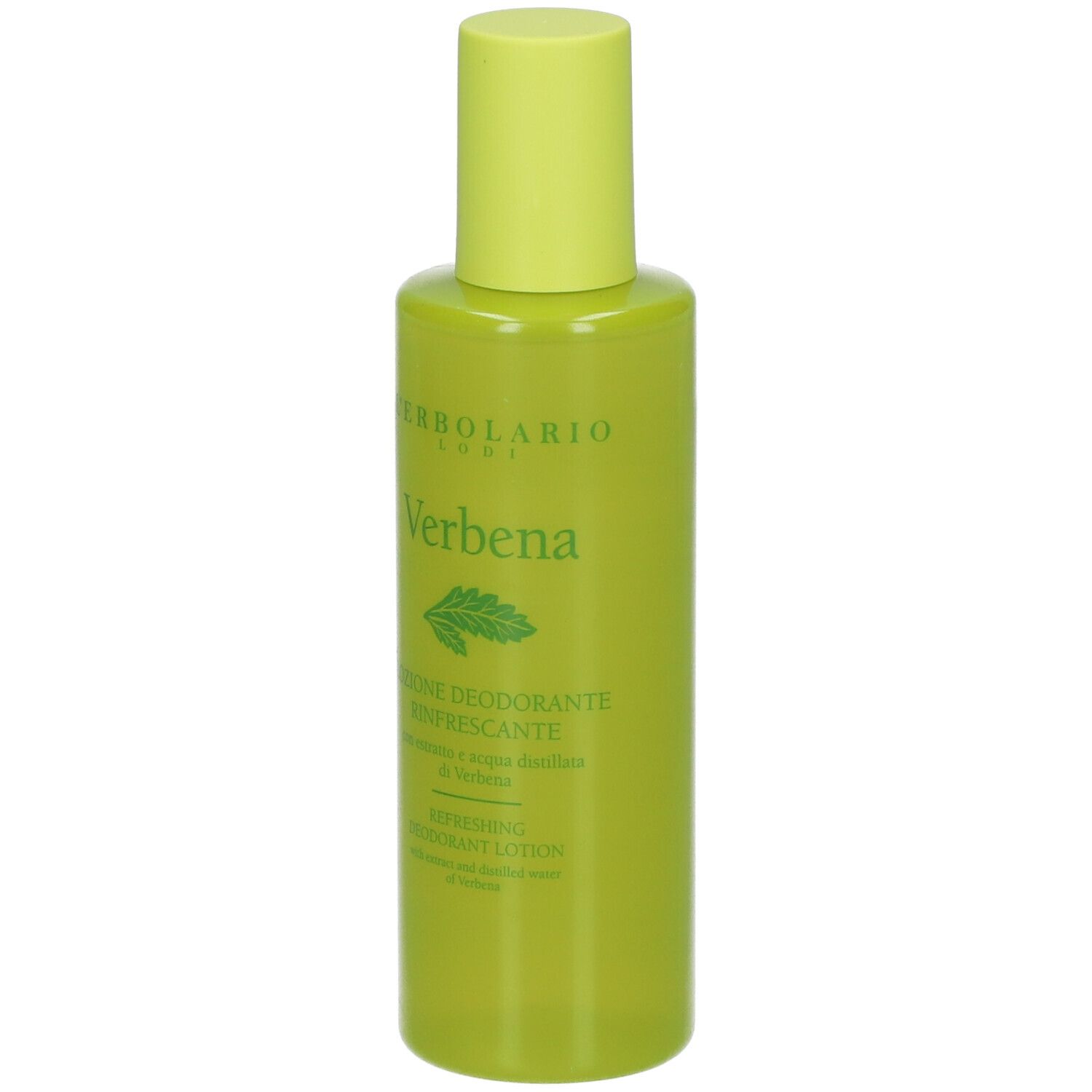 Flacone verde con tappo giallo. Scritta: Verbena, L'Erbolario. Lozione deodorante.