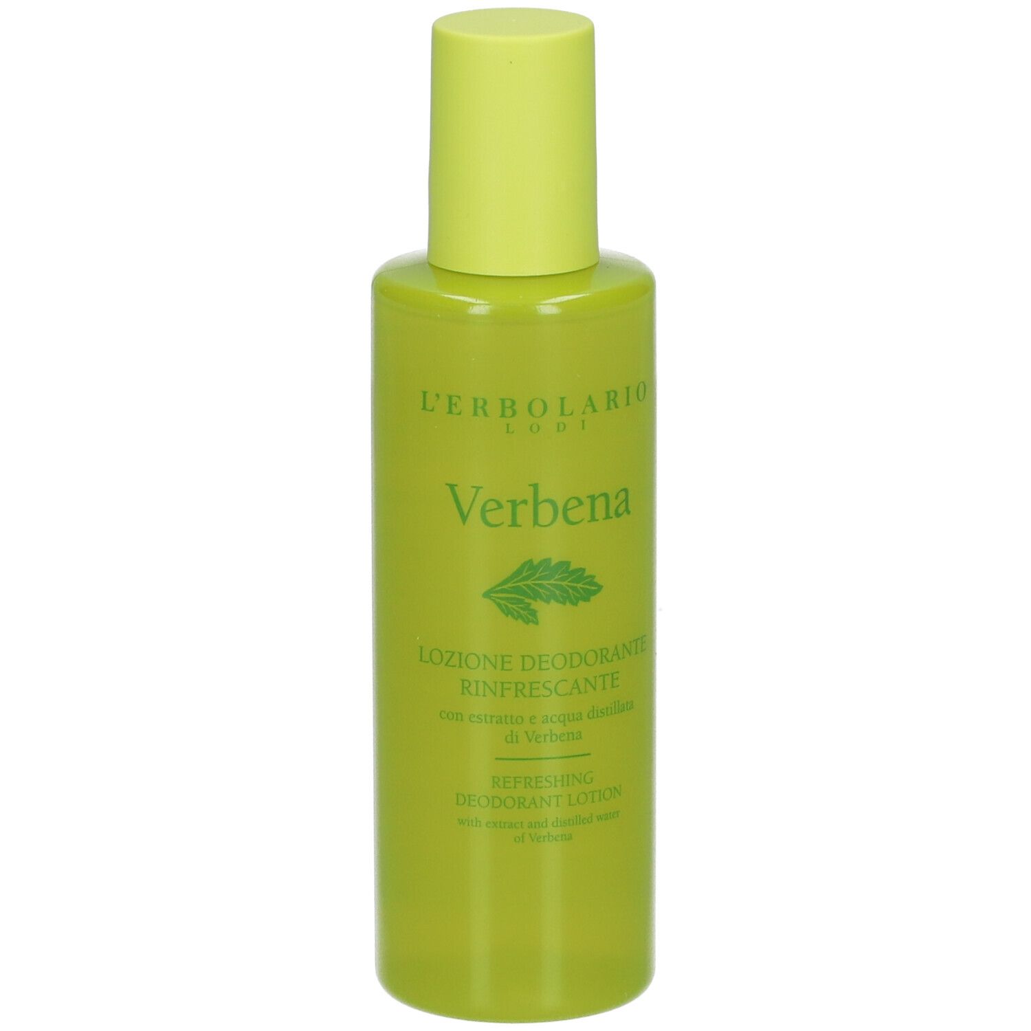 Flacone verde con tappo giallo. Scritta: Verbena, L'Erbolario. Lozione deodorante.