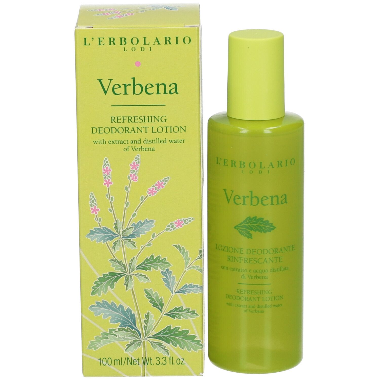Flacone e scatola verdi. Scritta: Verbena, L'Erbolario. Lozione deodorante. 100ml.