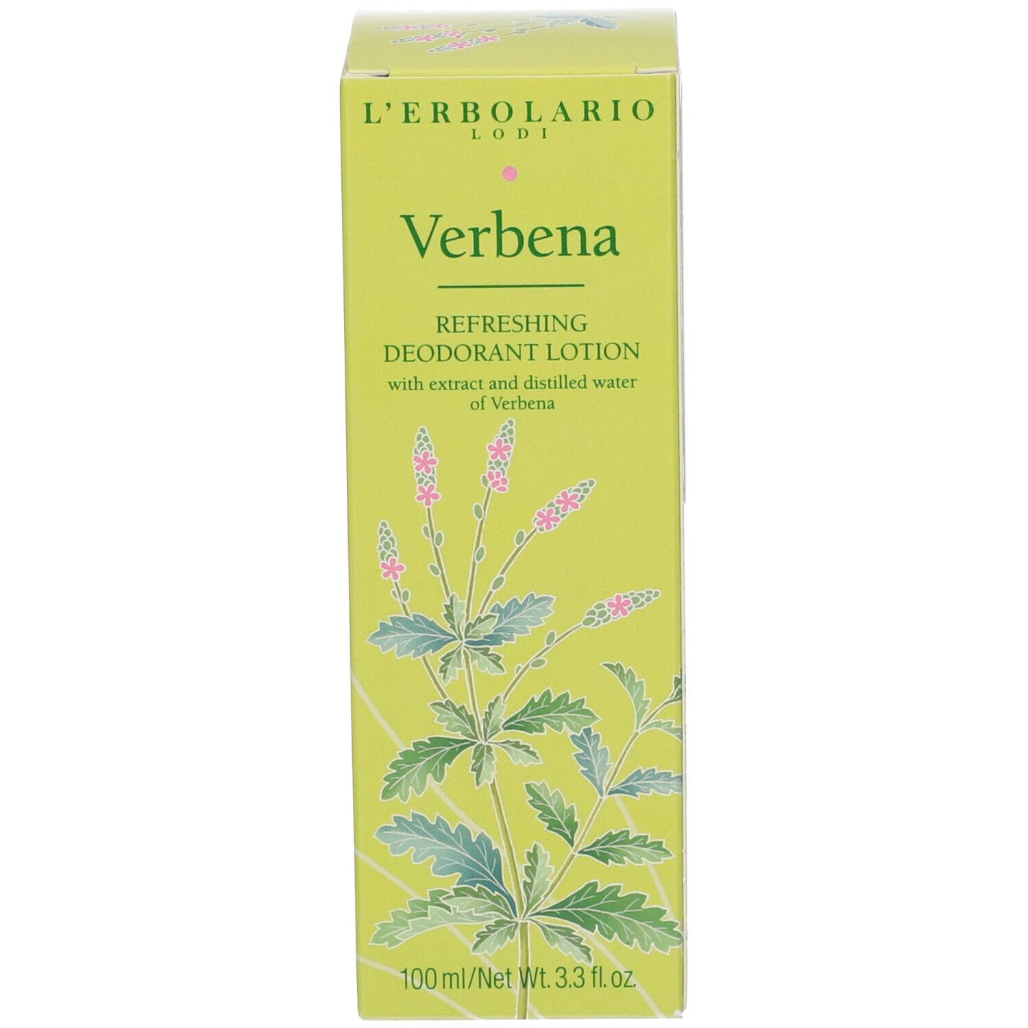 Scatola verde. Scritta: Verbena, L'Erbolario. Lozione deodorante. 100ml.