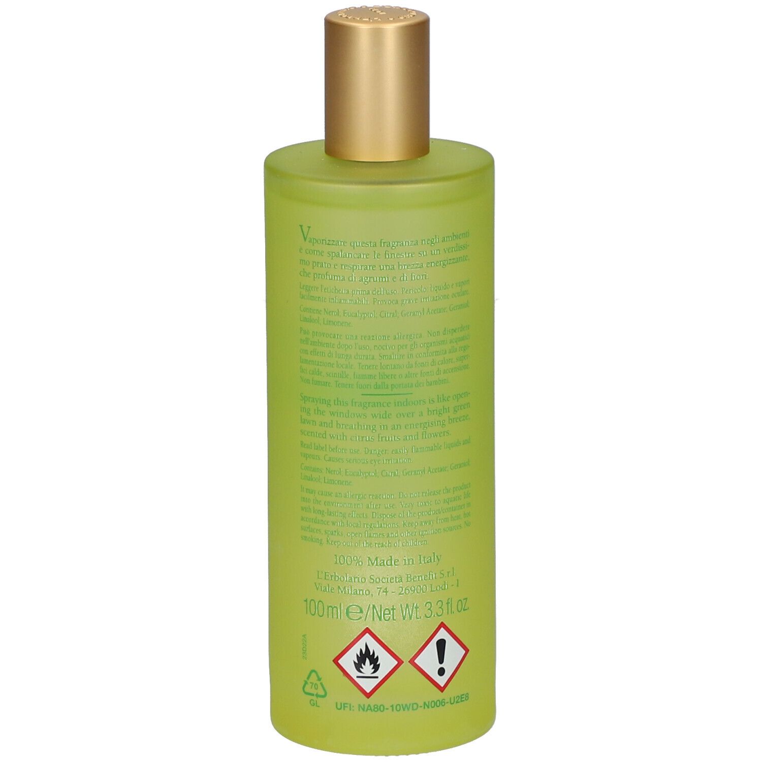 Flacone verde con tappo dorato. Retro con testo, avvertenze e informazioni sugli ingredienti.