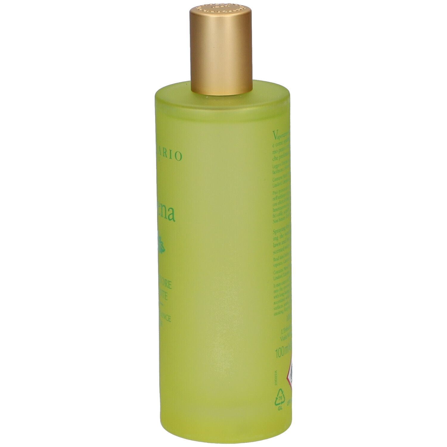 Flacone verde con tappo dorato. Scritta: L'ERBOLARIO, Verbena, PROFUMATORE D'AMBIENTE, HOME FRAGRANCE DIFFUSER.