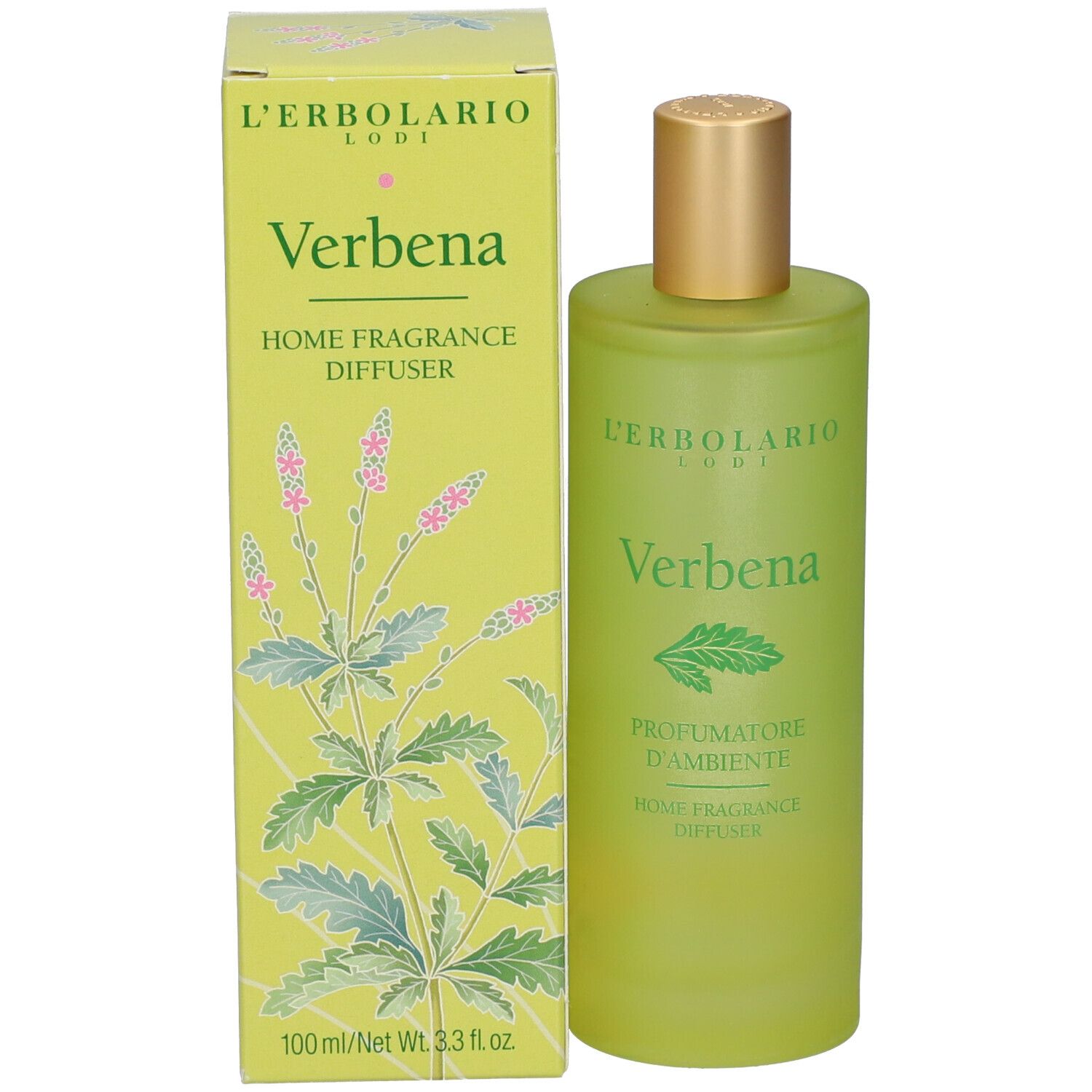 Flacone verde e scatola. Scritta: L'ERBOLARIO, Verbena, HOME FRAGRANCE DIFFUSER. 100 ml/Net Wt. 3.3 fl oz.