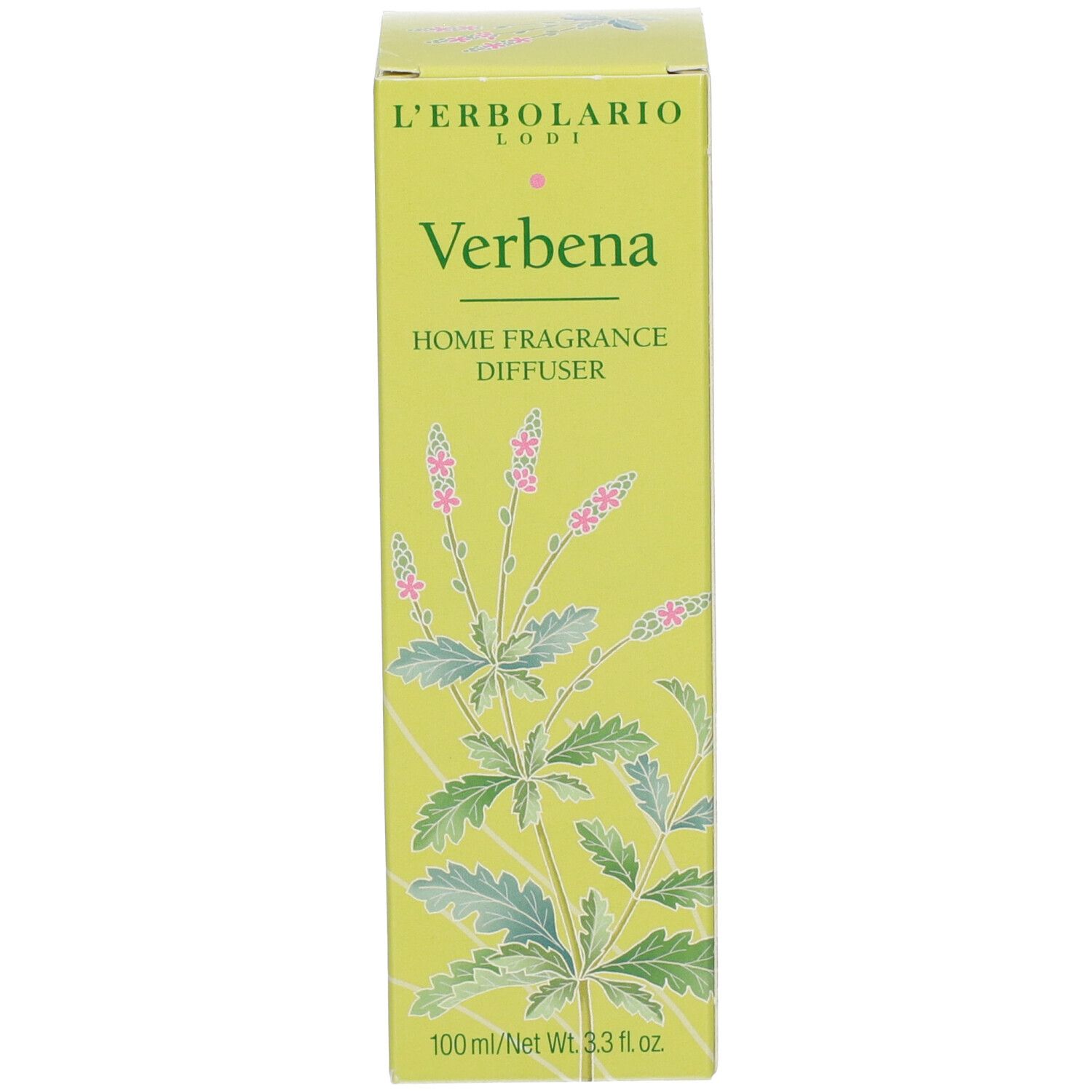Scatola gialla con scritta: L'ERBOLARIO, Verbena, HOME FRAGRANCE DIFFUSER. 100 ml/Net Wt. 3.3 fl oz.