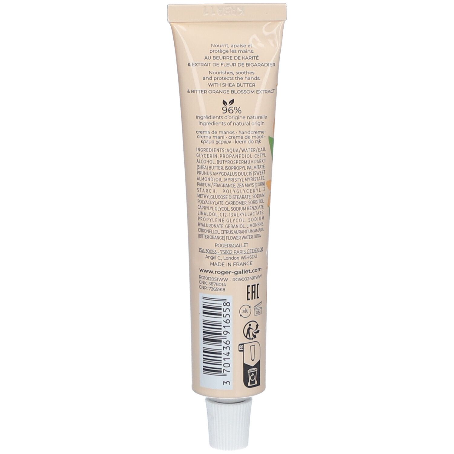 Retro del tubo di crema mani. Testo e ingredienti visibili. Marchio ROGER & GALLET. 96% ingredienti naturali.