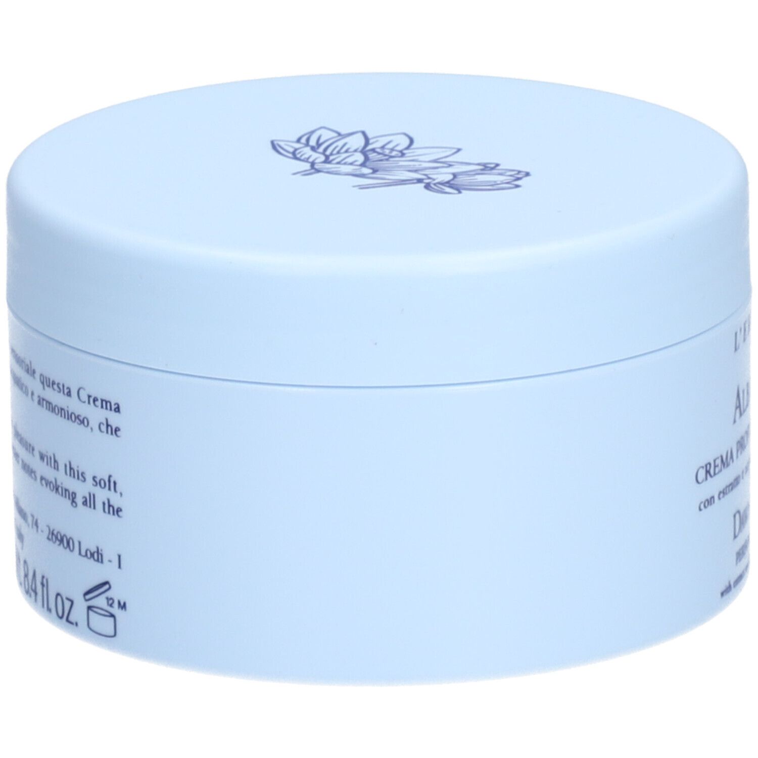 Vaso di crema azzurro chiaro. Scritta: L'ERBOLARIO, ALBA IN ASIA, CREMA PROFUMATA PER IL CORPO, DAWN OVER ASIA. Vista laterale.