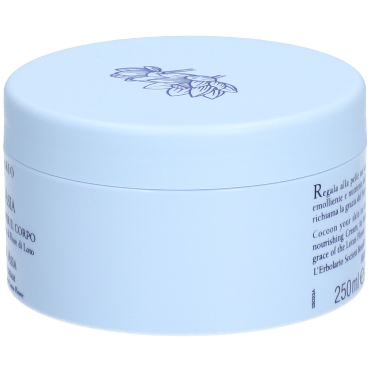 Vaso di crema azzurro chiaro. Scritta: L'ERBOLARIO, ALBA IN ASIA, CREMA PROFUMATA PER IL CORPO, DAWN OVER ASIA. Vista laterale.