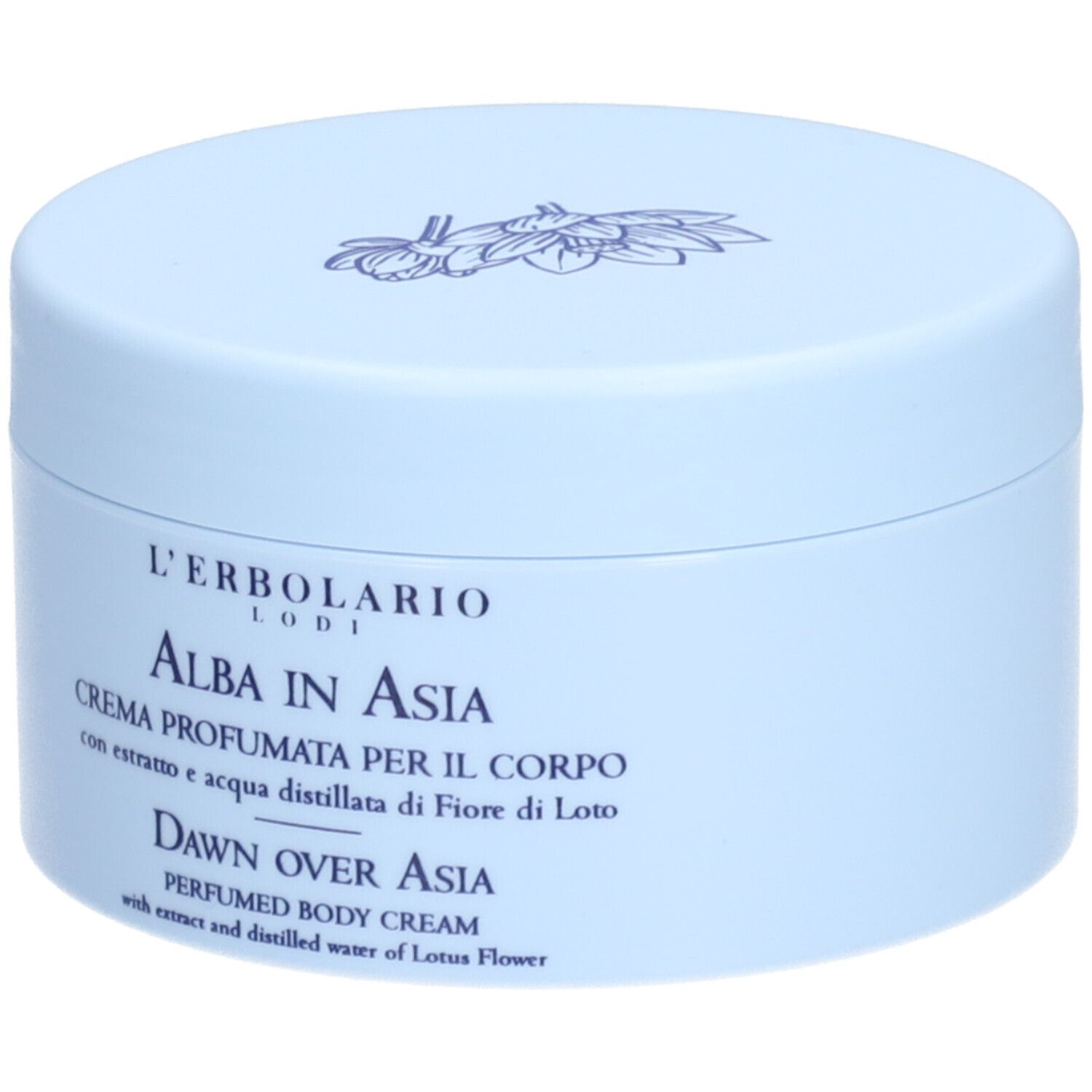 Vaso di crema azzurro chiaro con coperchio. Scritta: L'ERBOLARIO, ALBA IN ASIA, CREMA PROFUMATA PER IL CORPO, DAWN OVER ASIA.