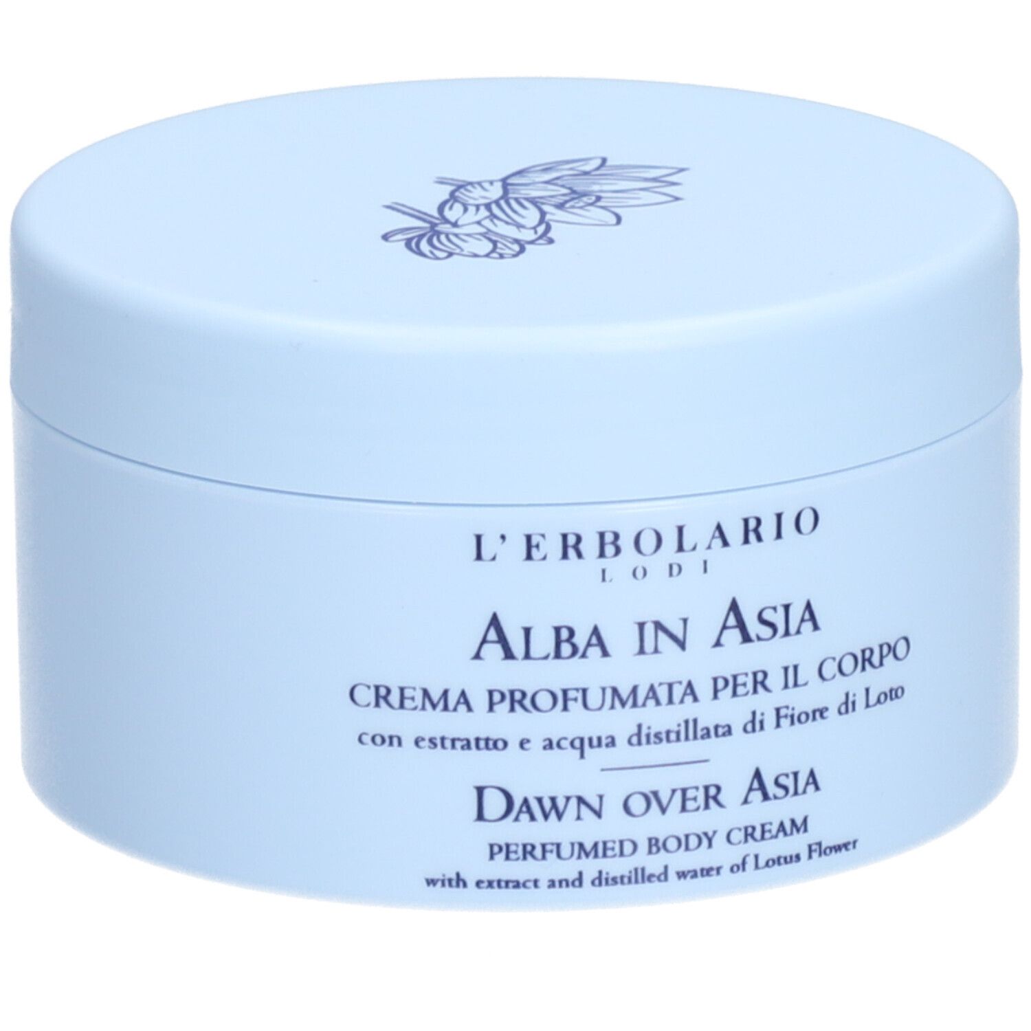 Vaso di crema azzurro chiaro con coperchio. Scritta: L'ERBOLARIO, ALBA IN ASIA, CREMA PROFUMATA PER IL CORPO, DAWN OVER ASIA.