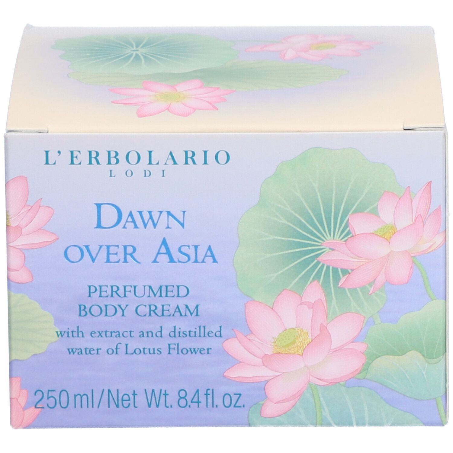 Confezione con motivo di fiori di loto. Scritta: L'ERBOLARIO, DAWN OVER ASIA, PERFUMED BODY CREAM. 250ml/Net Wt. 8.4 fl. oz.