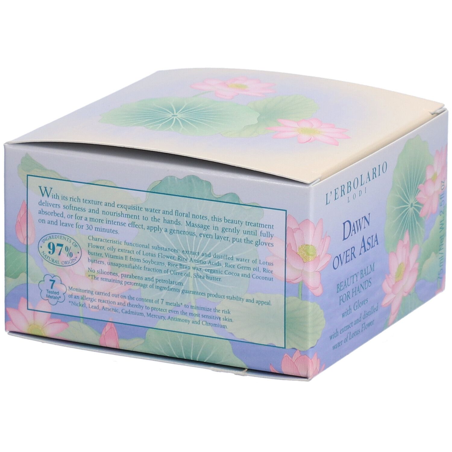 Retro della confezione con testo e design floreale. Contiene il 97% di ingredienti di origine naturale.