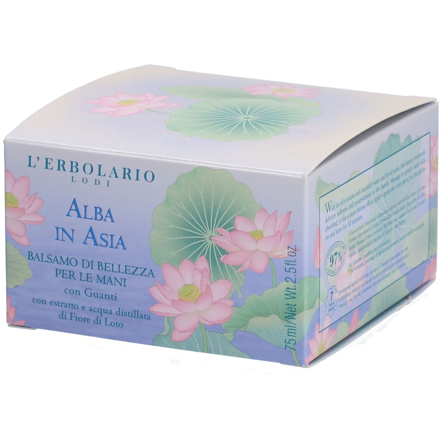Scatola con design floreale. Scritto: "Alba in Asia Balsamo di Bellezza per le Mani". Contiene 75 ml.