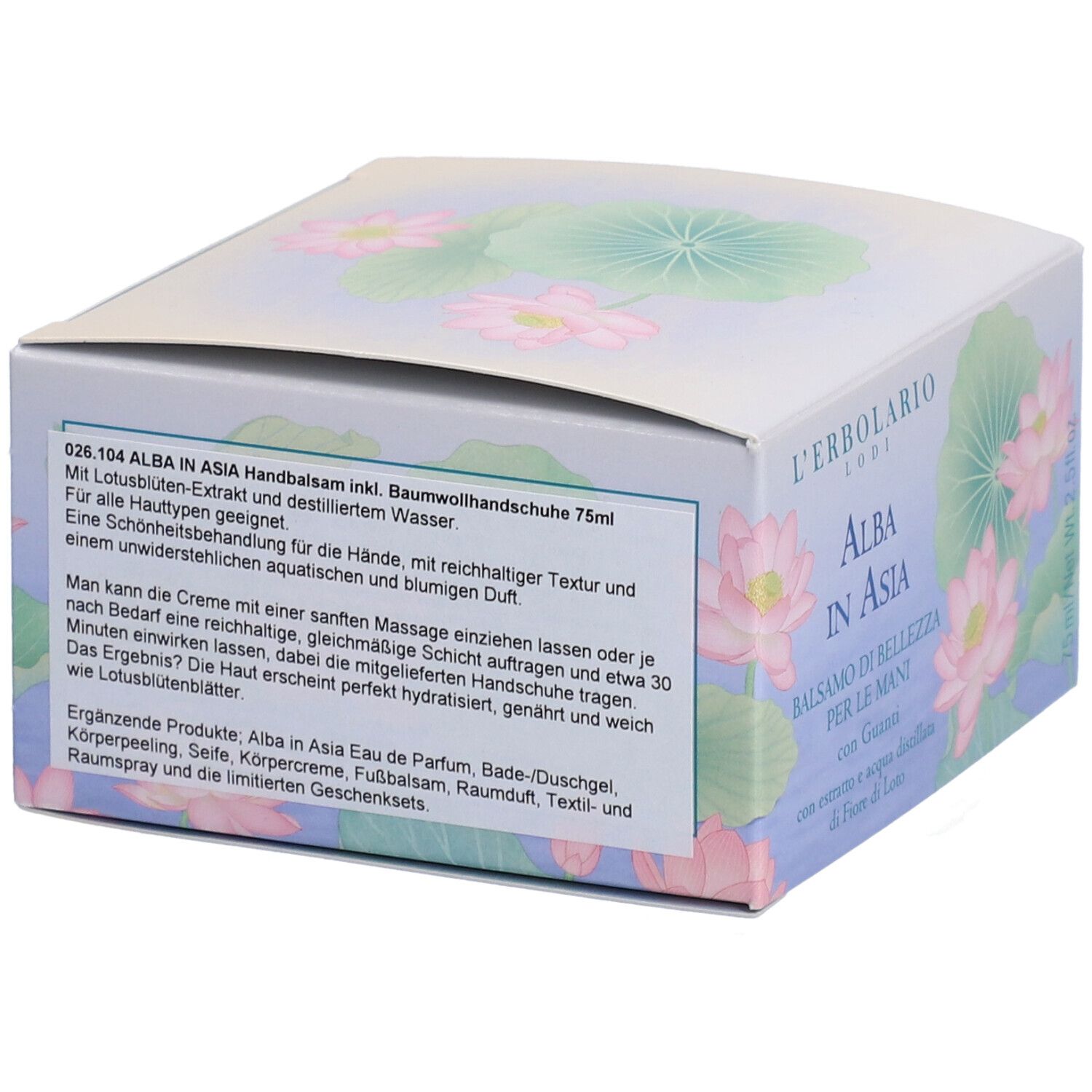 Retro della confezione con testo. Scritto: "Alba in Asia Handbalsam". Contiene 75 ml.