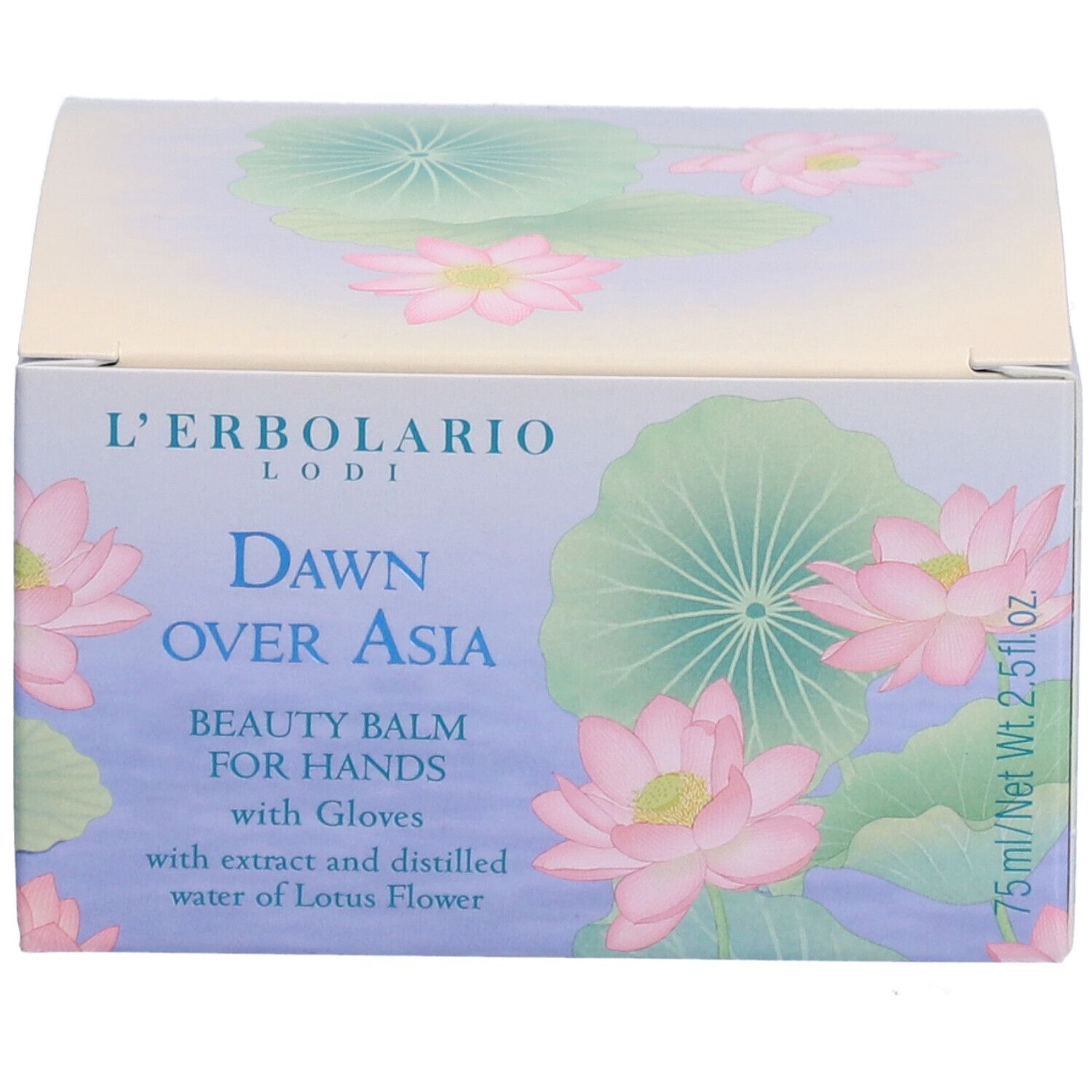 Scatola con design floreale. Scritto: "Dawn Over Asia Beauty Balm for Hands". Contiene 75 ml.
