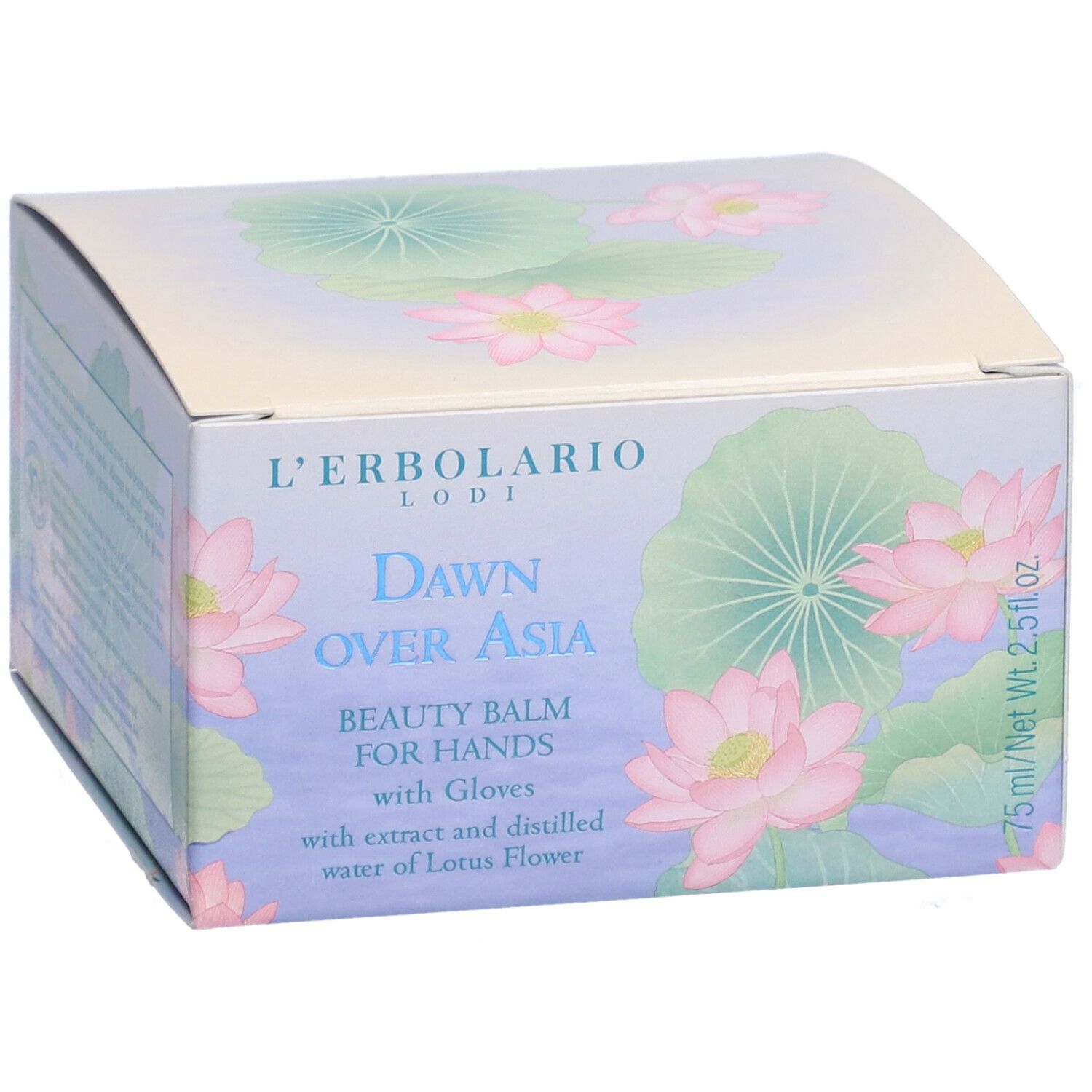Scatola con design floreale. Scritto: "Dawn Over Asia Beauty Balm for Hands". Contiene 75 ml.