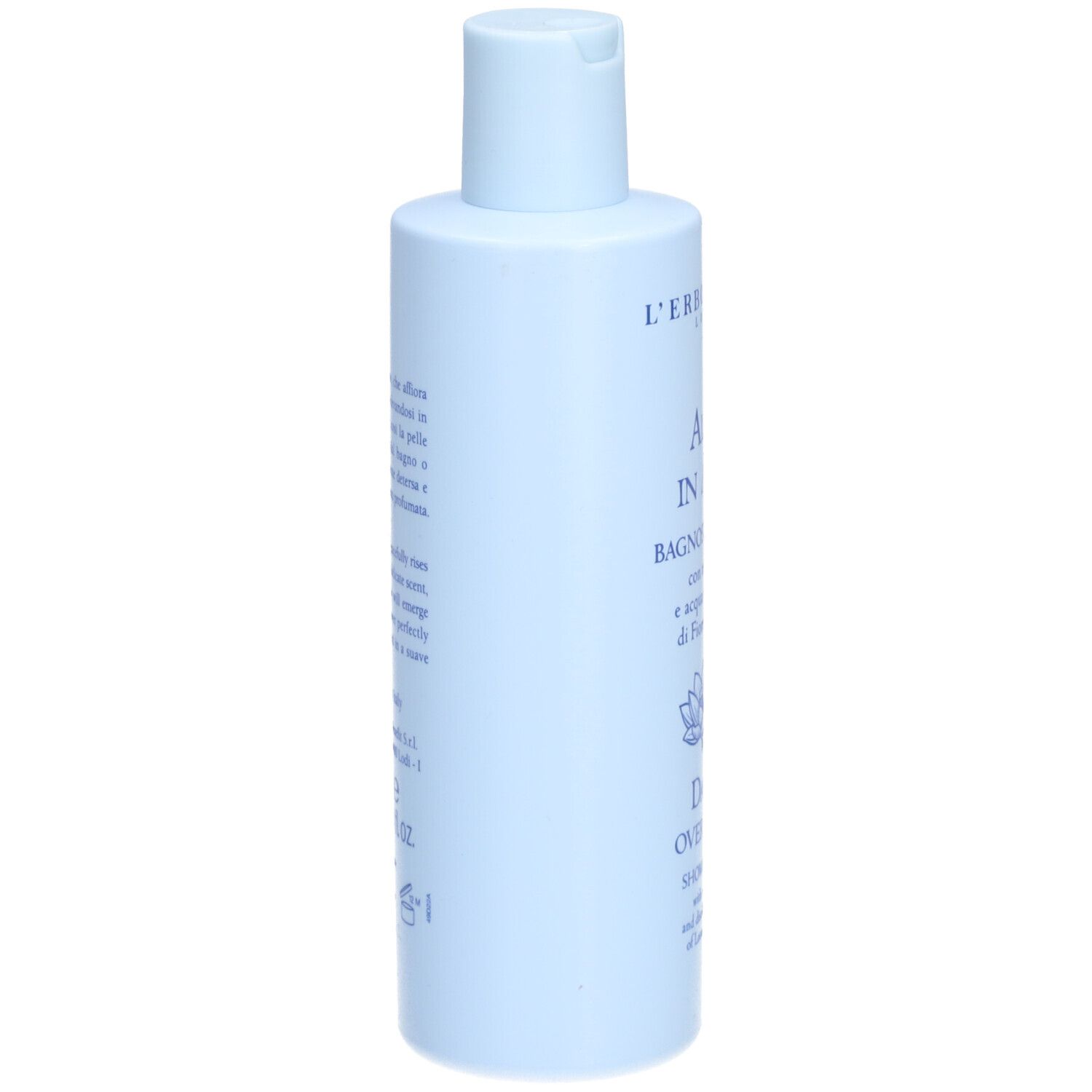Flacone azzurro con tappo a ribalta contenente un prodotto da bagno.