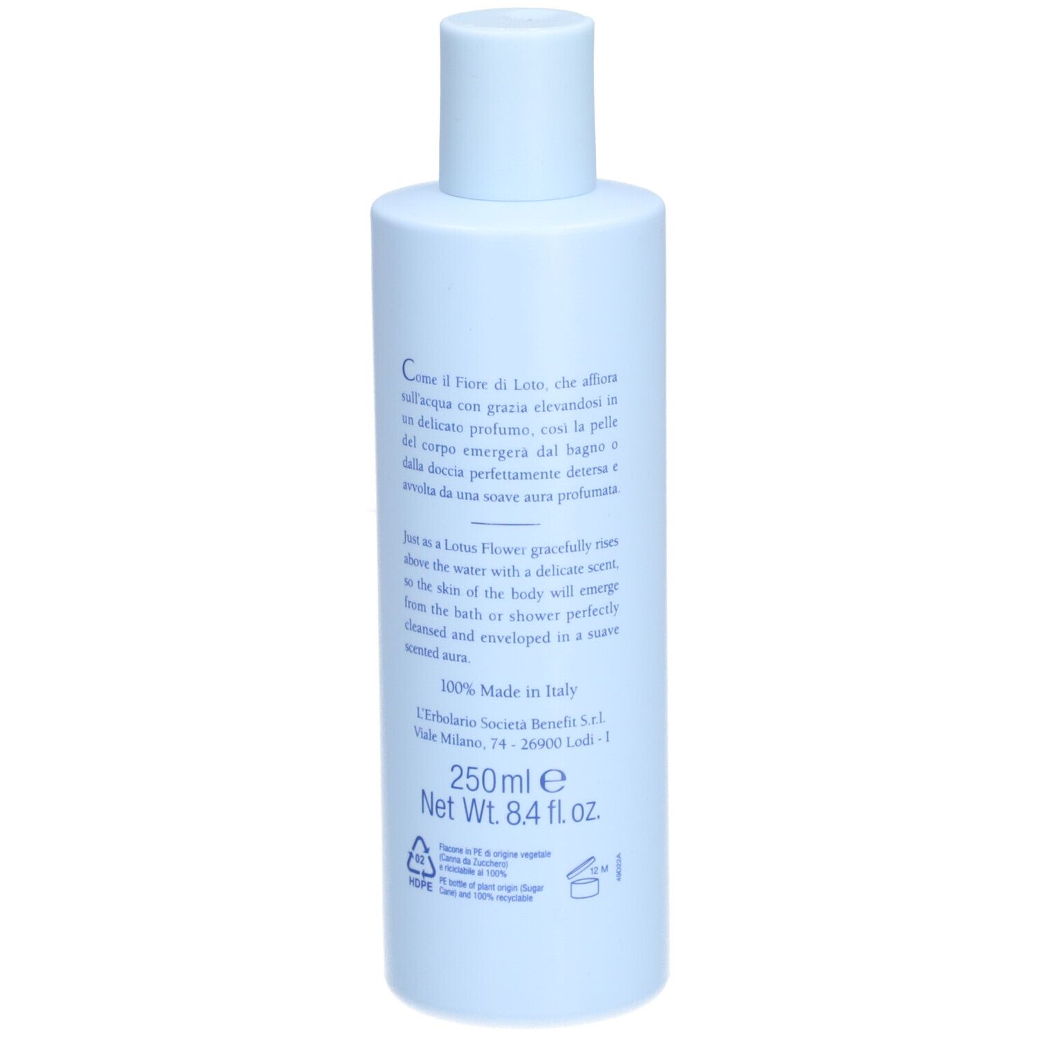 Flacone azzurro con testo bianco, 250 ml.