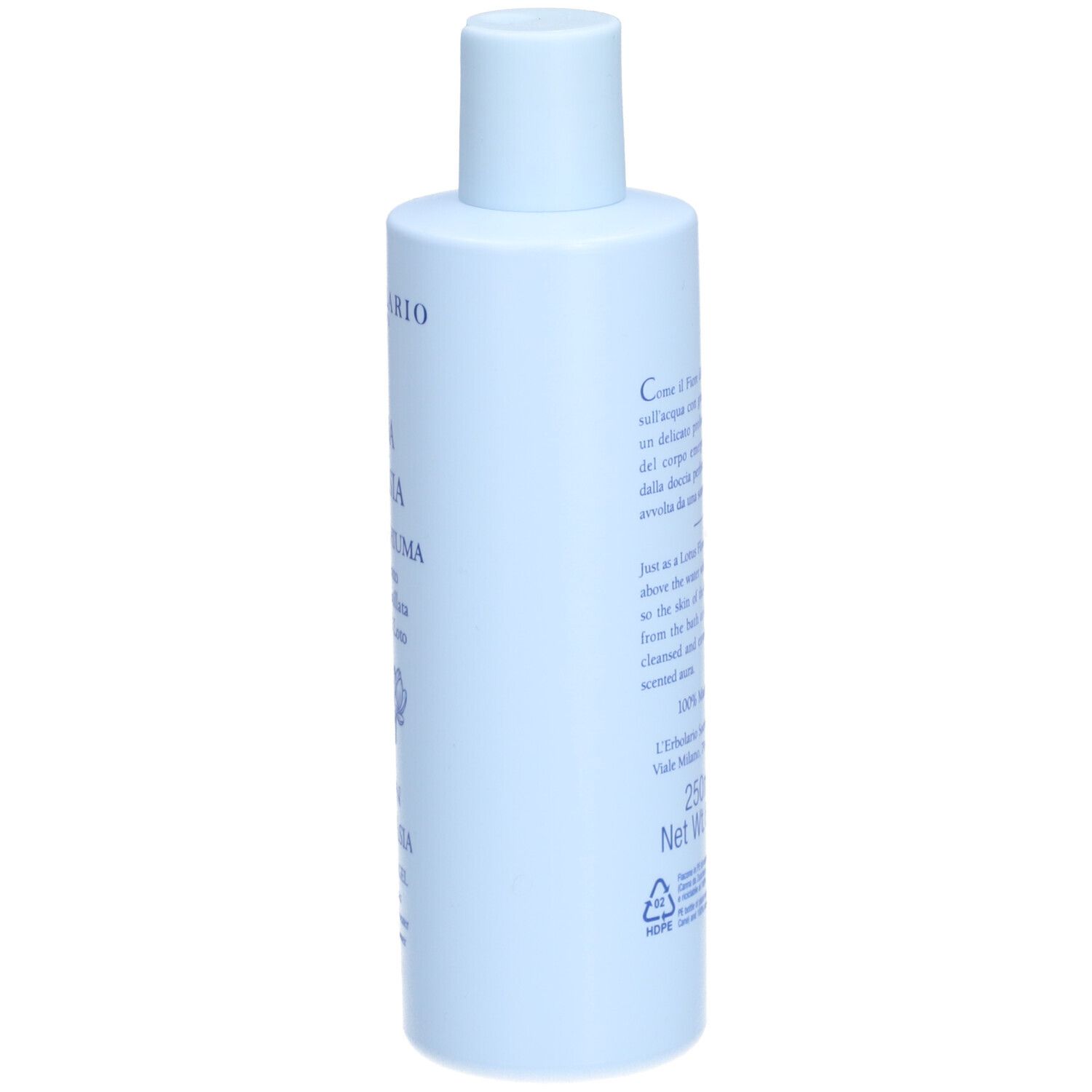 Flacone azzurro chiaro con tappo bianco. Contiene 250 ml.