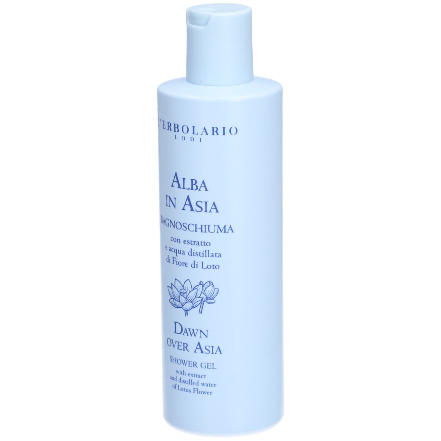 Flacone azzurro di bagnoschiuma. Etichetta: 'ALBA IN ASIA', 'BAGNOSCHIUMA', 'DAWN OVER ASIA', 'SHOWER GEL'.