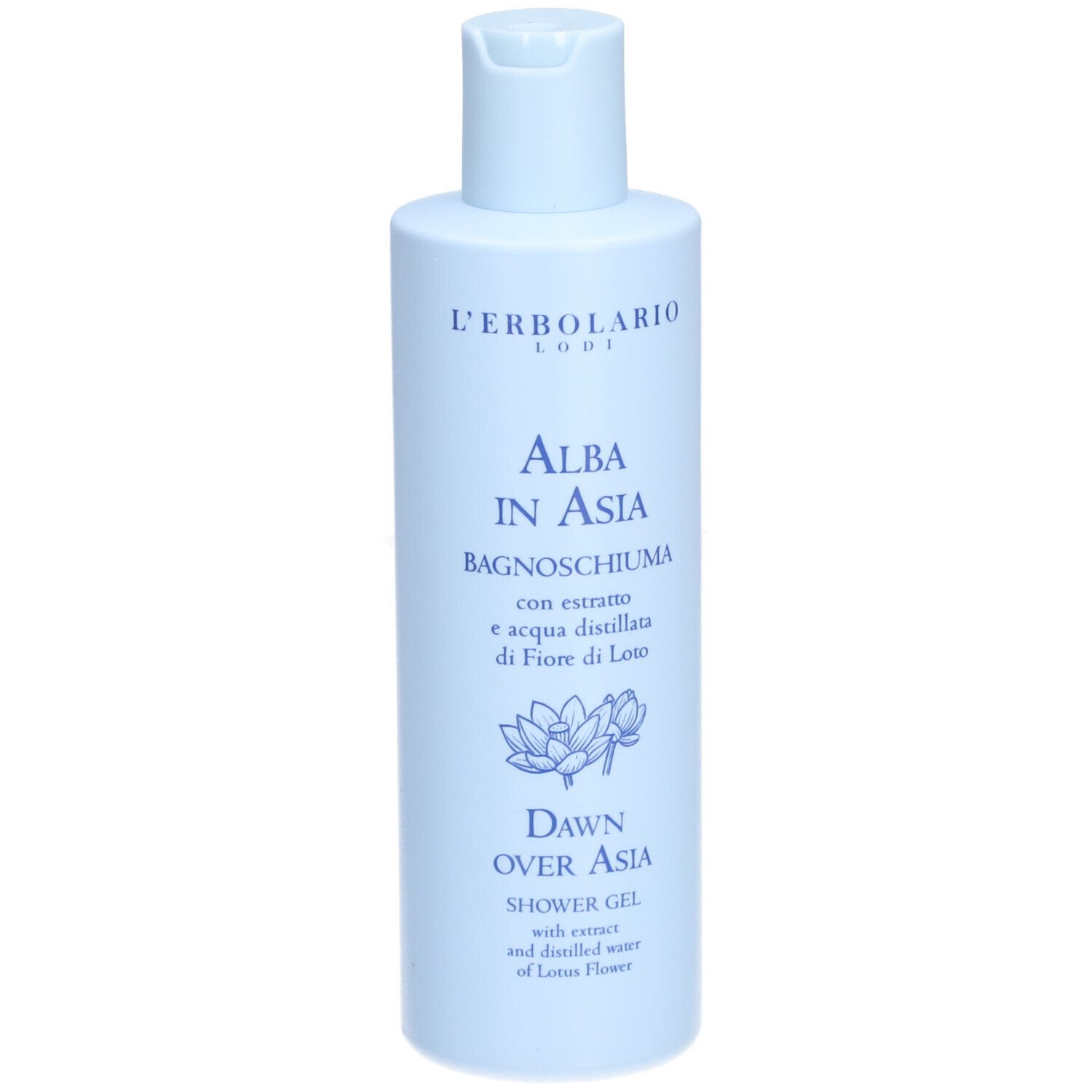 Flacone azzurro di bagnoschiuma L'Erbolario Alba in Asia, con disegno di fiore di loto.
