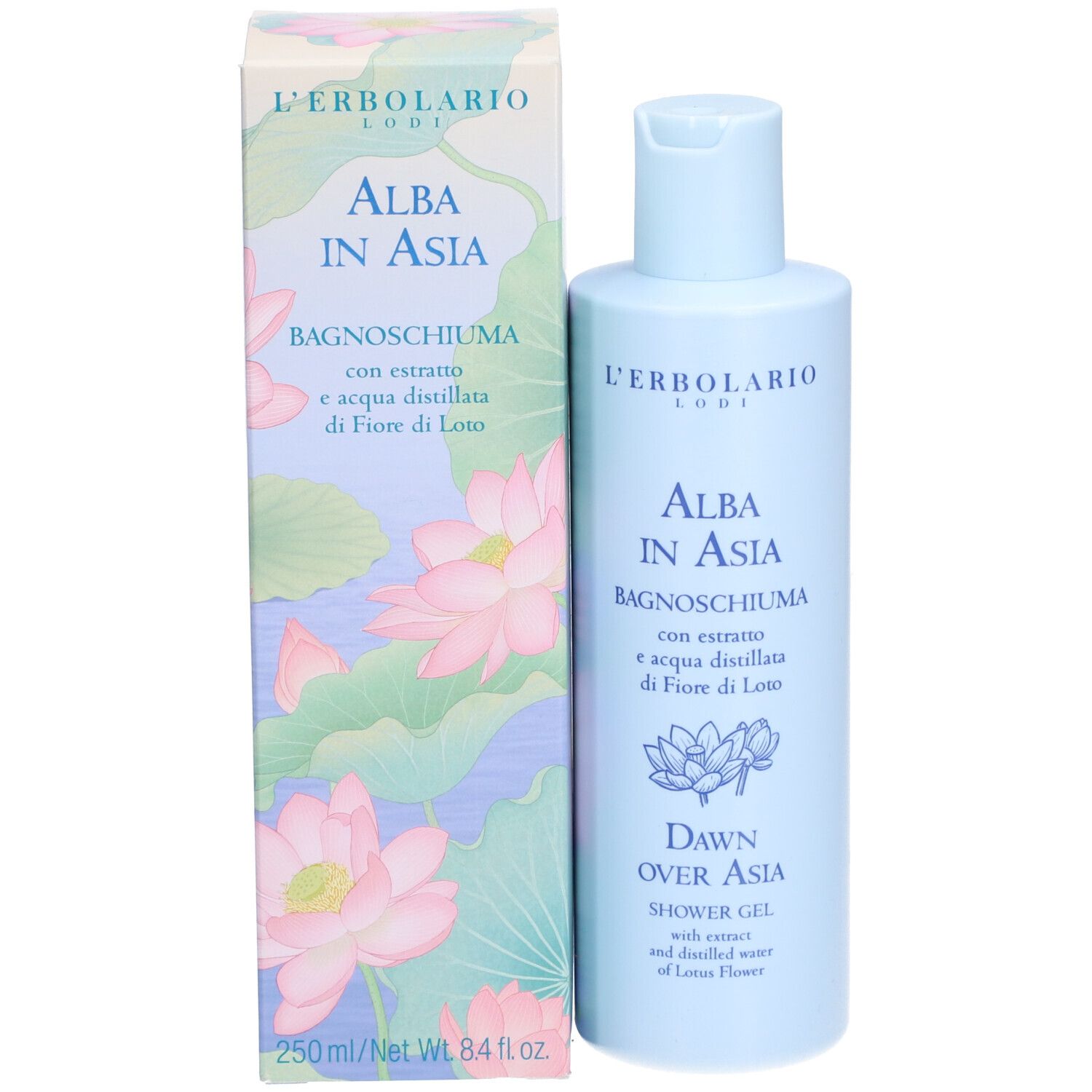 L'Erbolario Alba in Asia Bagnoschiuma e scatola con motivo di fiori di loto.