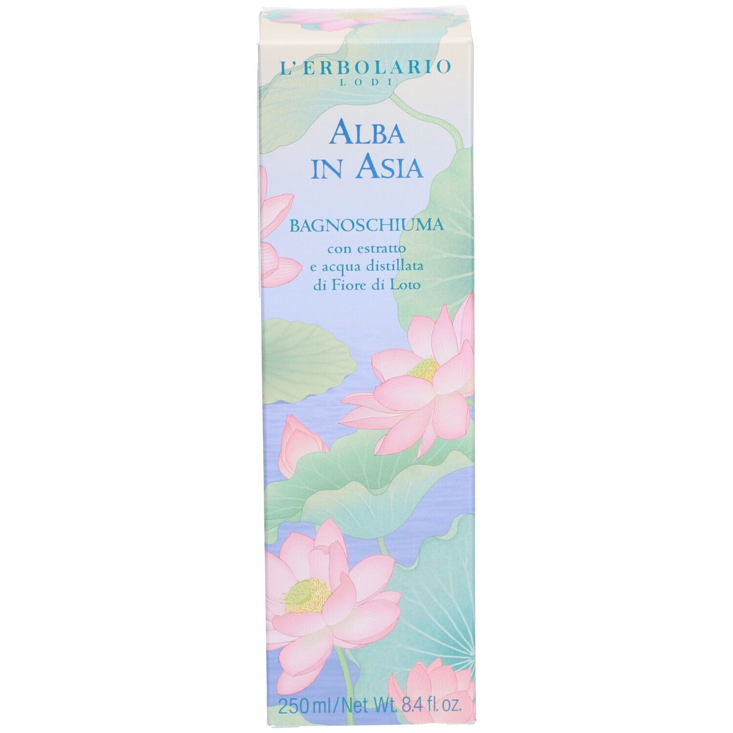 L'Erbolario Alba in Asia Bagnoschiuma, 250ml. Scatola con disegno di fiori di loto.