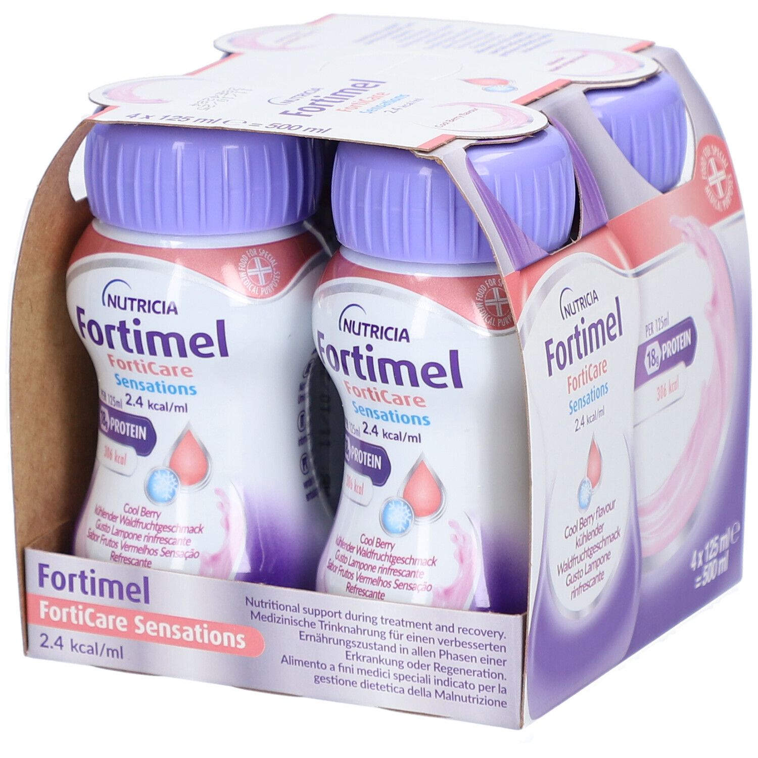 Confezione da quattro bottiglie di Fortimel FortiCare Sensations. Ogni bottiglia contiene 125 ml. Scritto: 18g di proteine, 306 kcal.