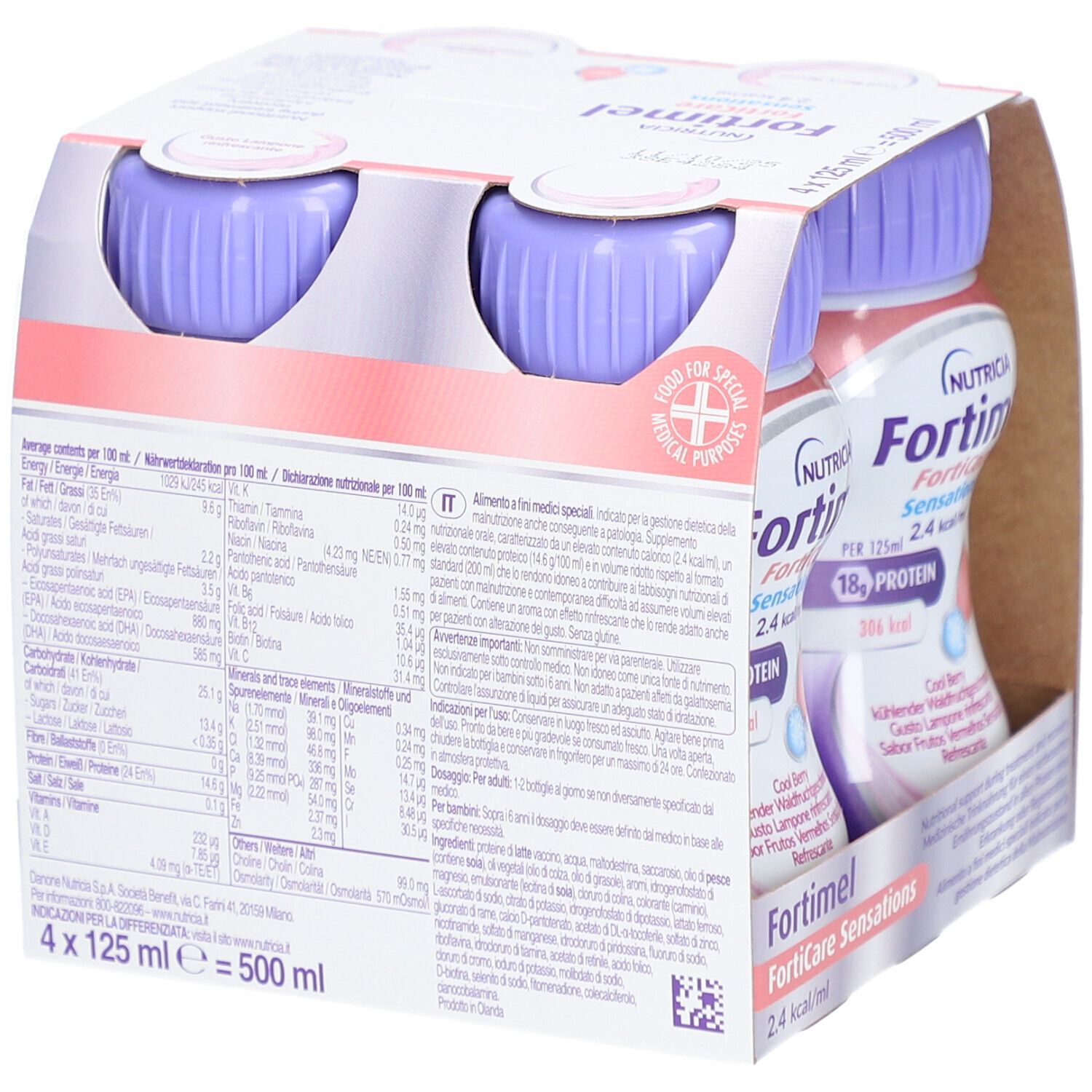 Confezione da quattro bottiglie di Fortimel FortiCare Sensations. Ogni bottiglia contiene 125 ml. Scritto: 18g di proteine, 306 kcal.