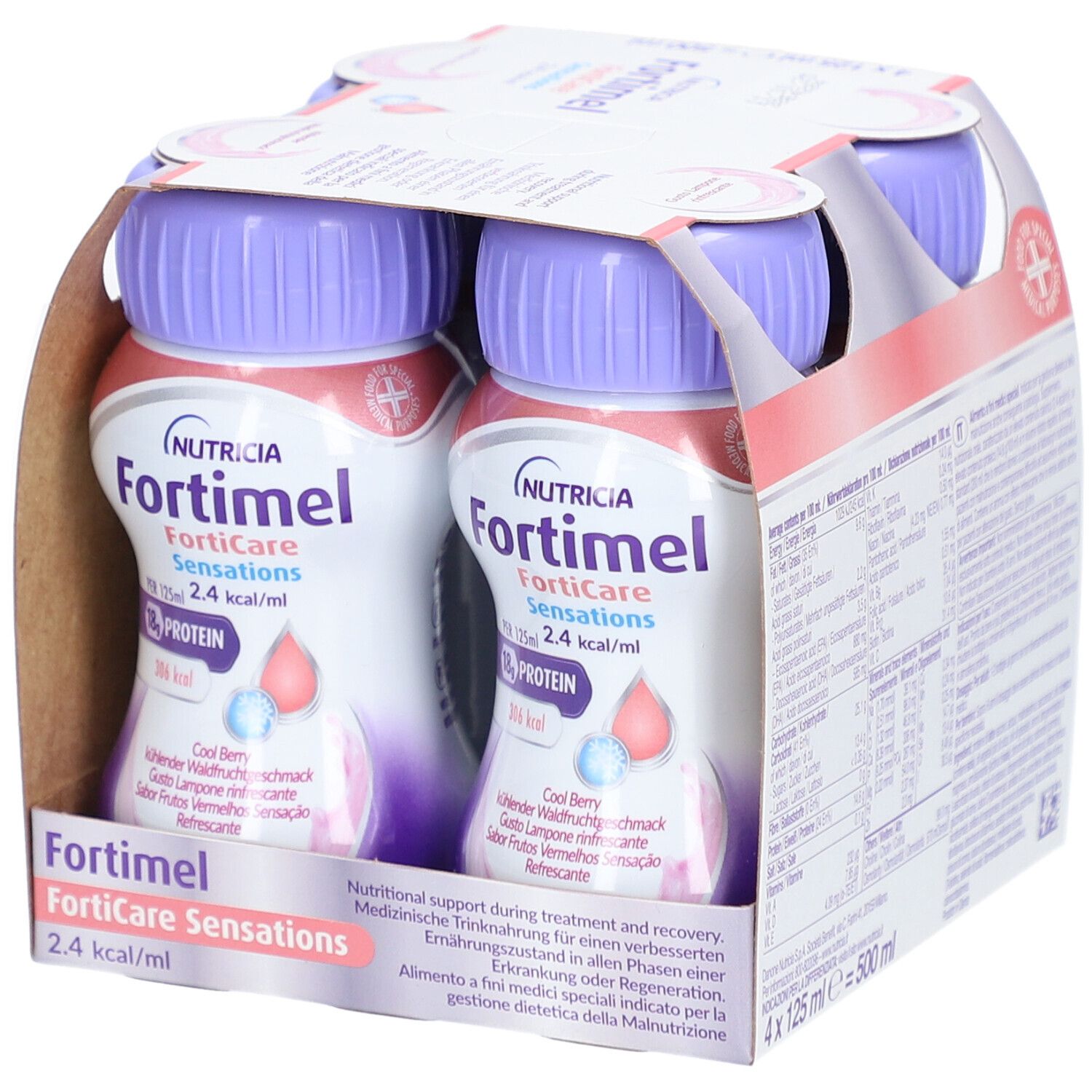 Confezione da quattro bottiglie di Fortimel FortiCare Sensations. Ogni bottiglia contiene 125 ml. Scritto: 18g di proteine, 306 kcal.