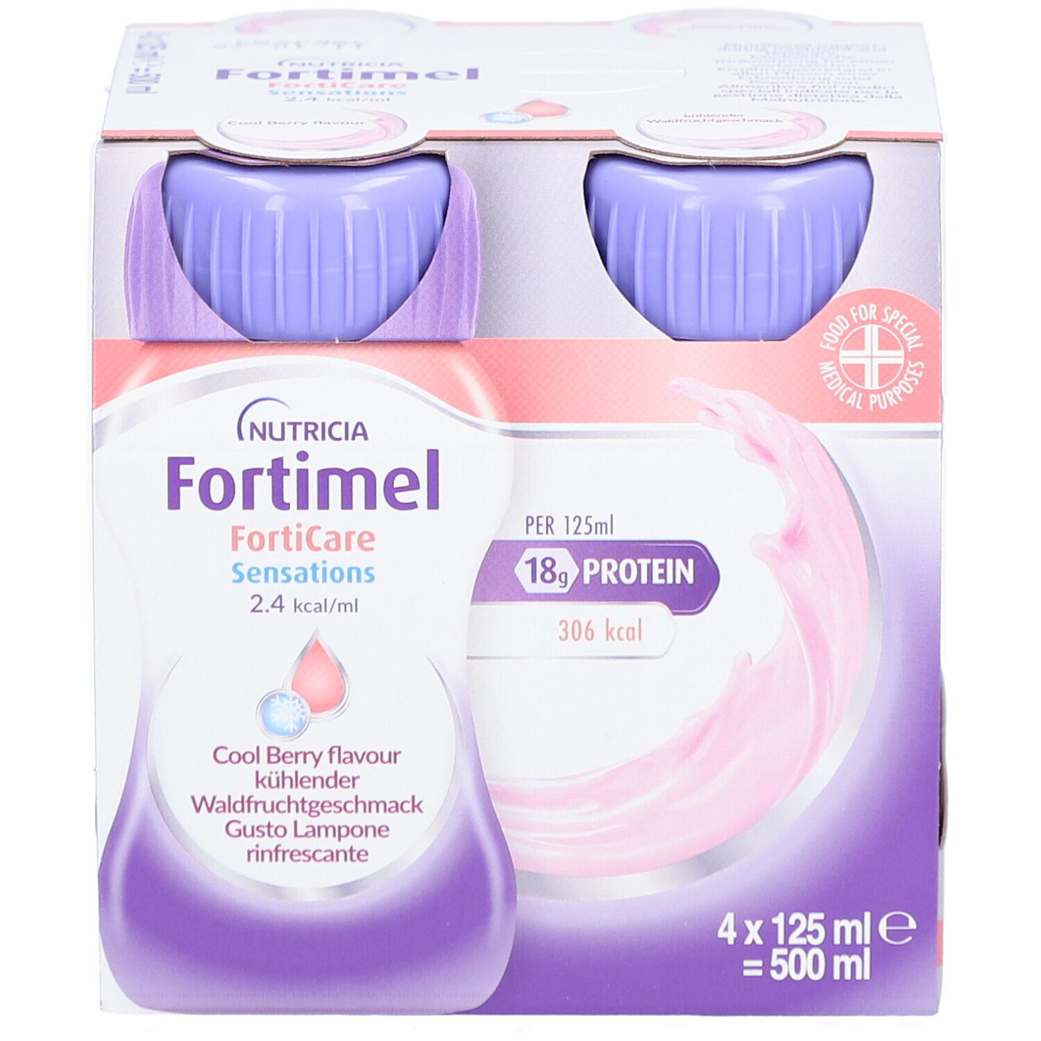 Confezione da quattro bottiglie di Fortimel FortiCare Sensations. Ogni bottiglia contiene 125 ml. Scritto: 18g di proteine, 306 kcal.