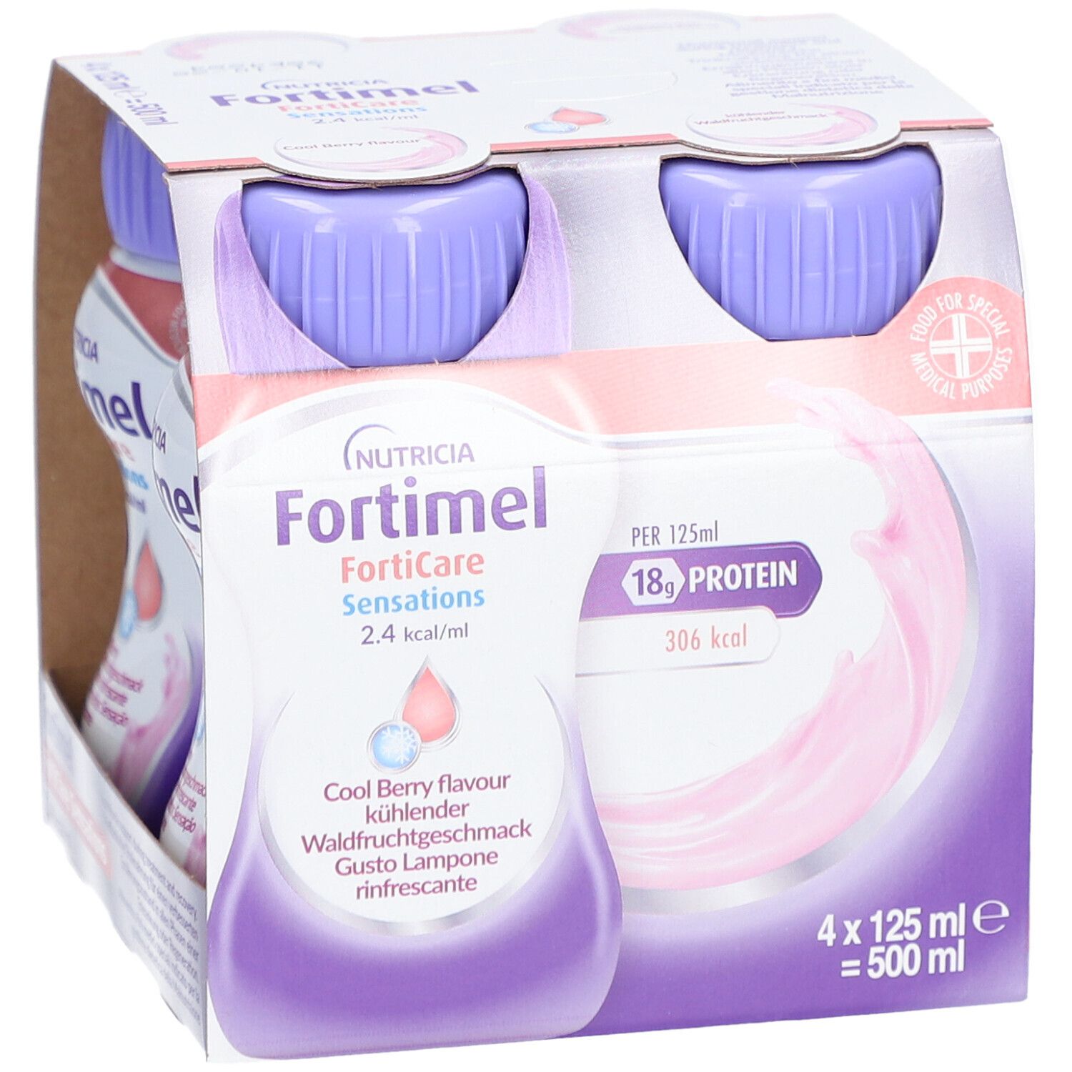 Confezione da quattro bottiglie di Fortimel FortiCare Sensations. Ogni bottiglia contiene 125 ml. Scritto: 18g di proteine, 306 kcal.
