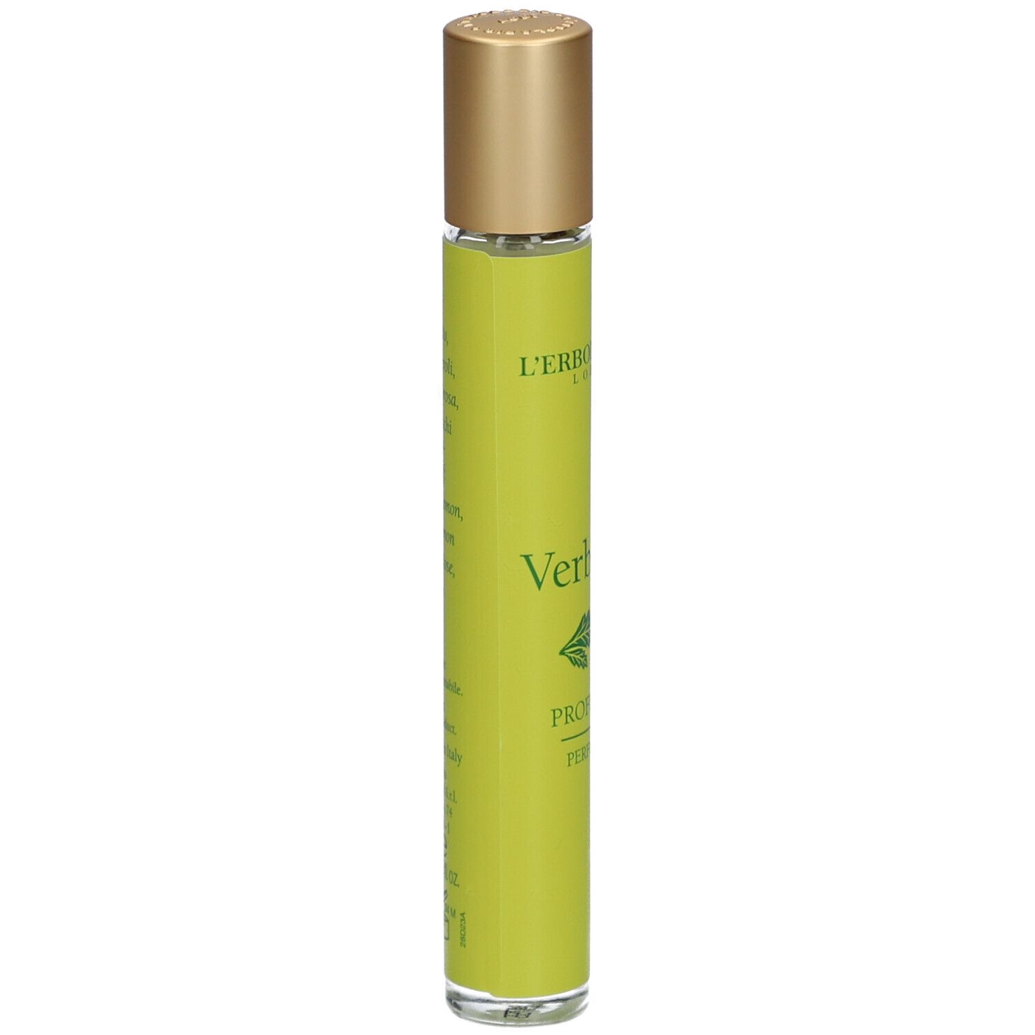Flacone cilindrico con tappo dorato. Scritta: Verbena, Profumo, Perfume.