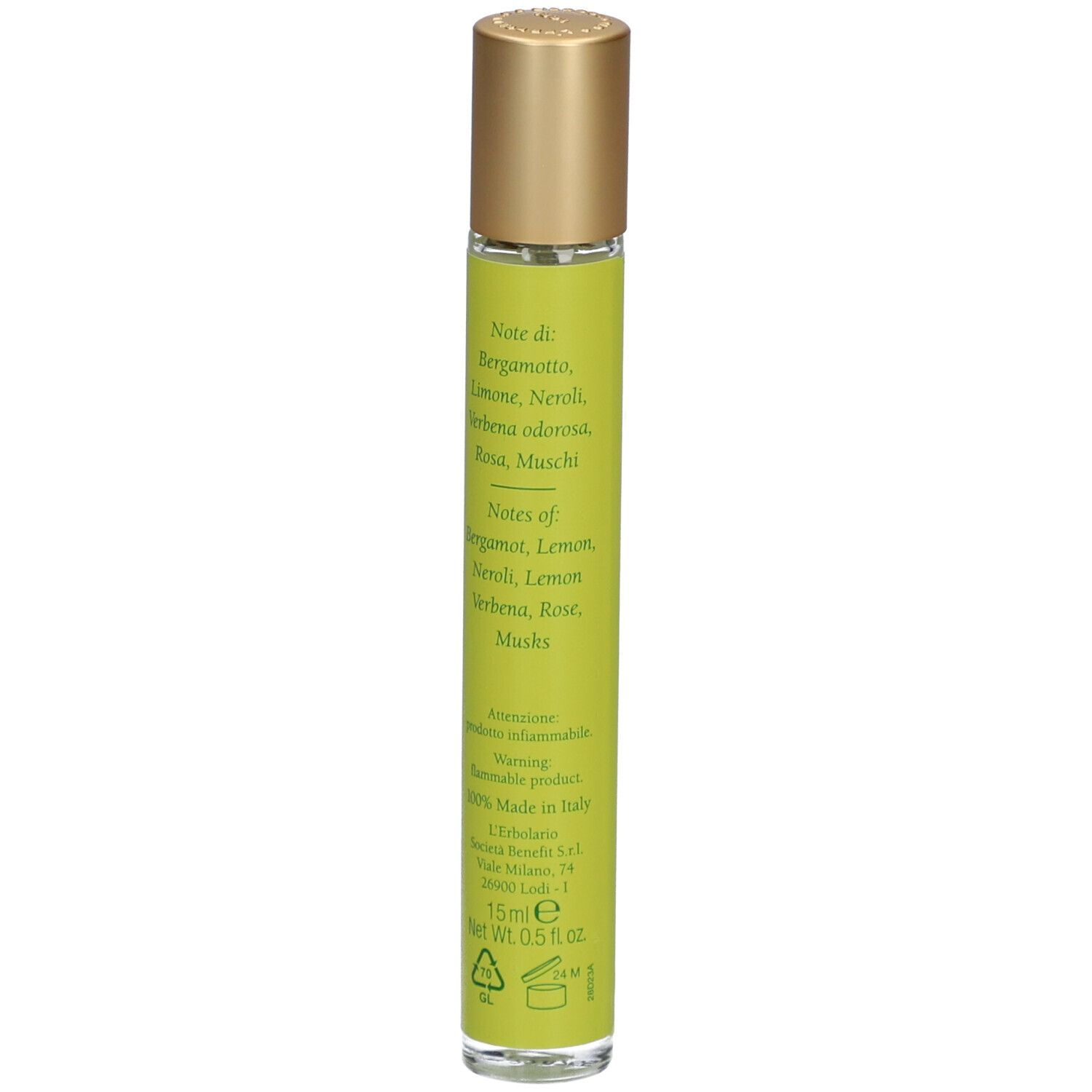 Flacone cilindrico con tappo dorato. Testo: Ingredienti, avvertenze, 15ml.