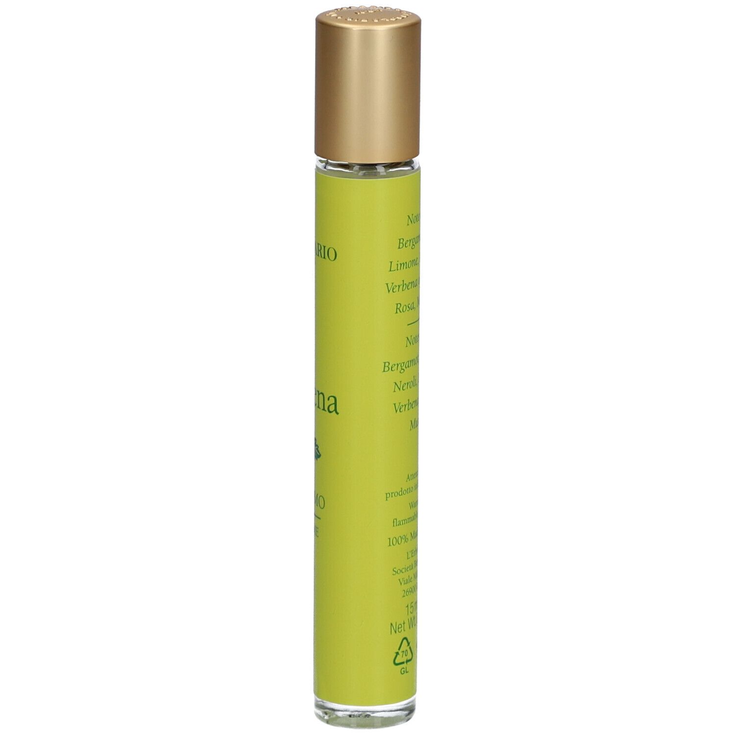 Flacone cilindrico con tappo dorato. Scritta: Verbena, Profumo, Perfume.