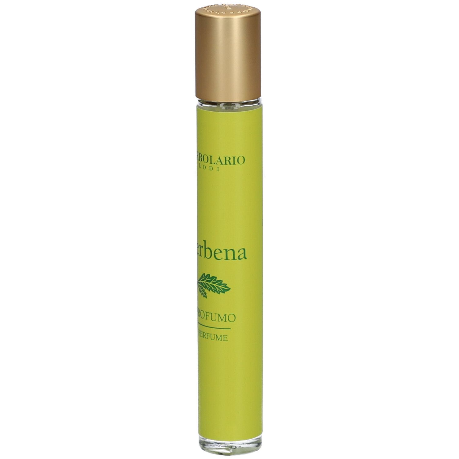 Flacone cilindrico con tappo dorato. Scritta: Verbena, Profumo, Perfume.